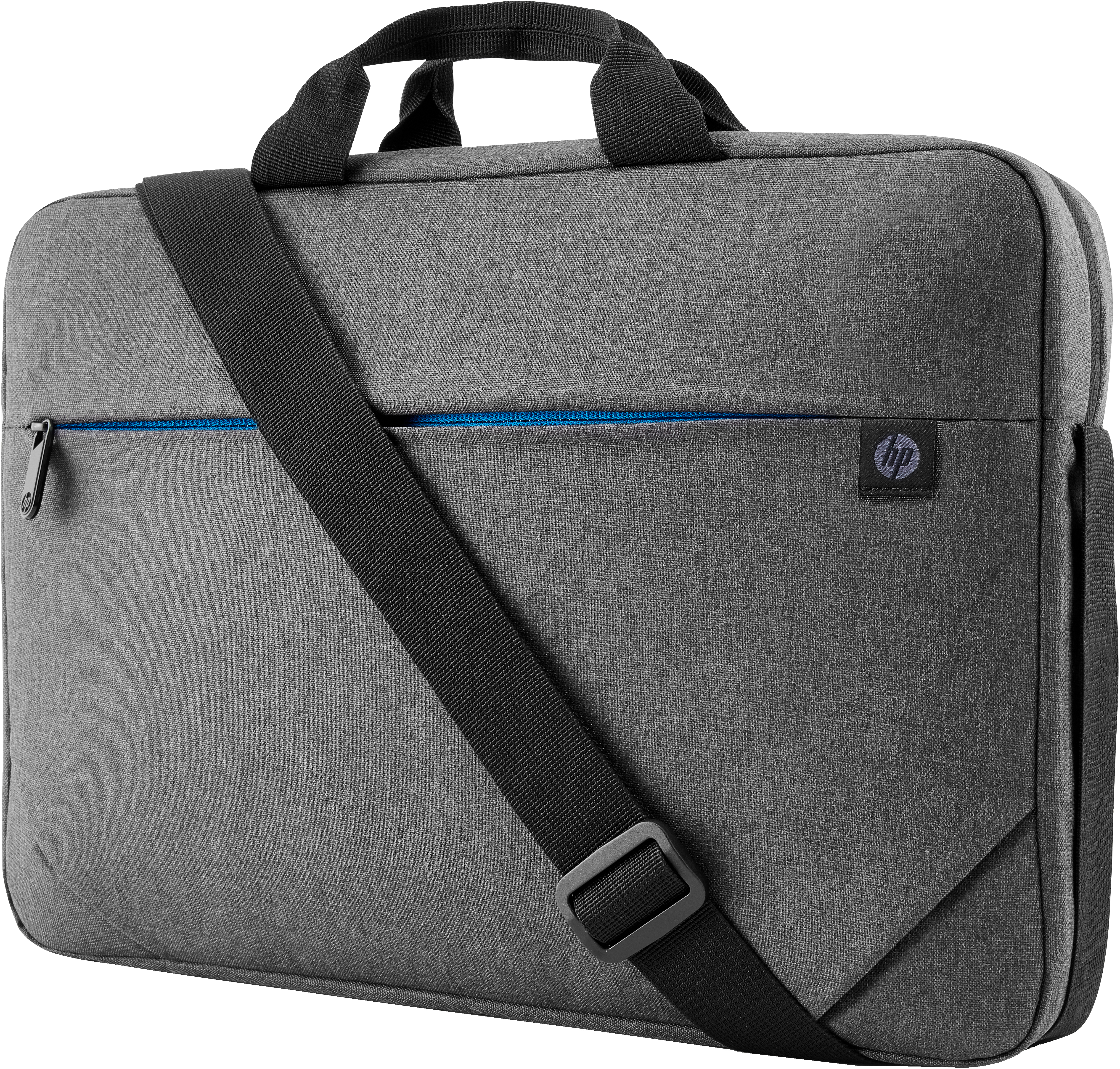 Graue Laptoptasche mit blauen Details und Schultergurt.