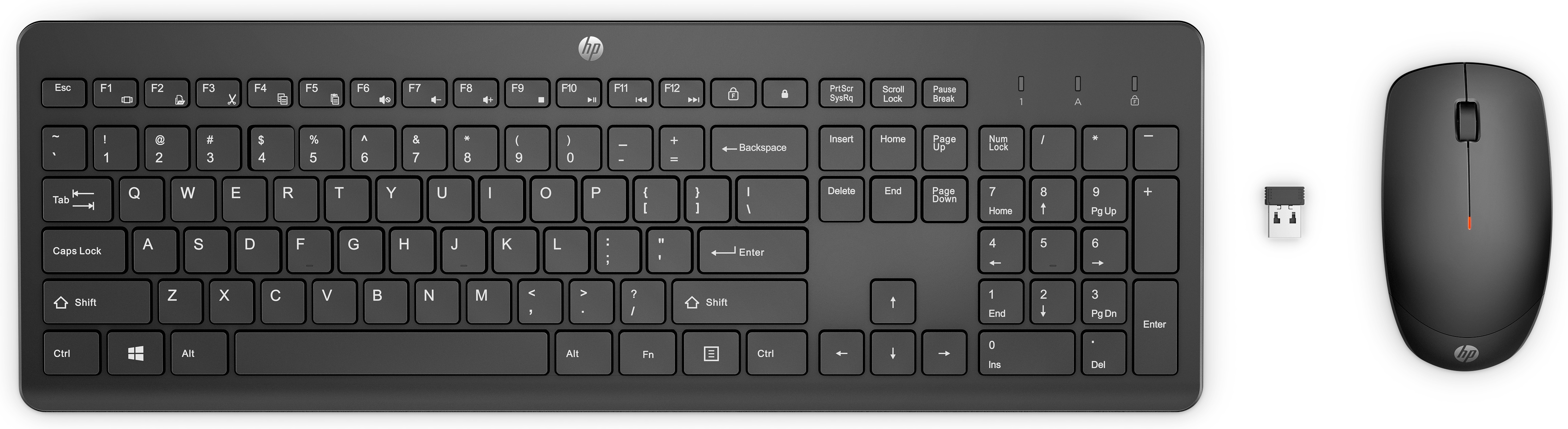Schwarze kabellose HP-Tastatur, Maus und USB-Empfänger. Draufsicht, weißer Hintergrund.