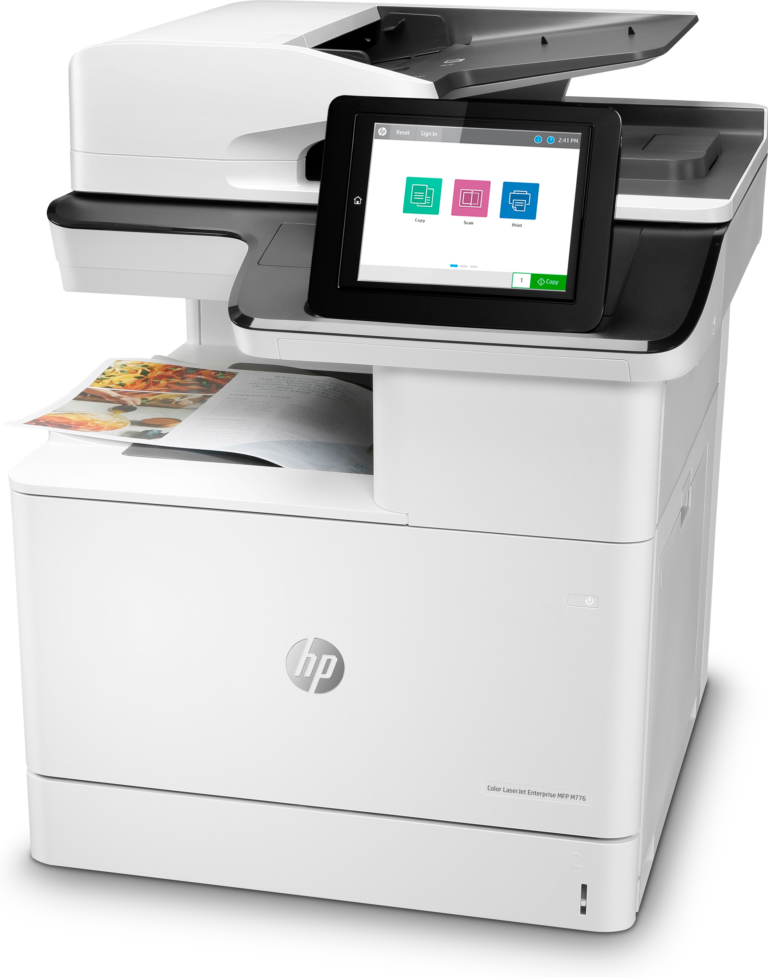 Weißer Drucker mit Touchscreen, Papierschacht und gedruckter Seite. Das HP-Logo ist sichtbar.