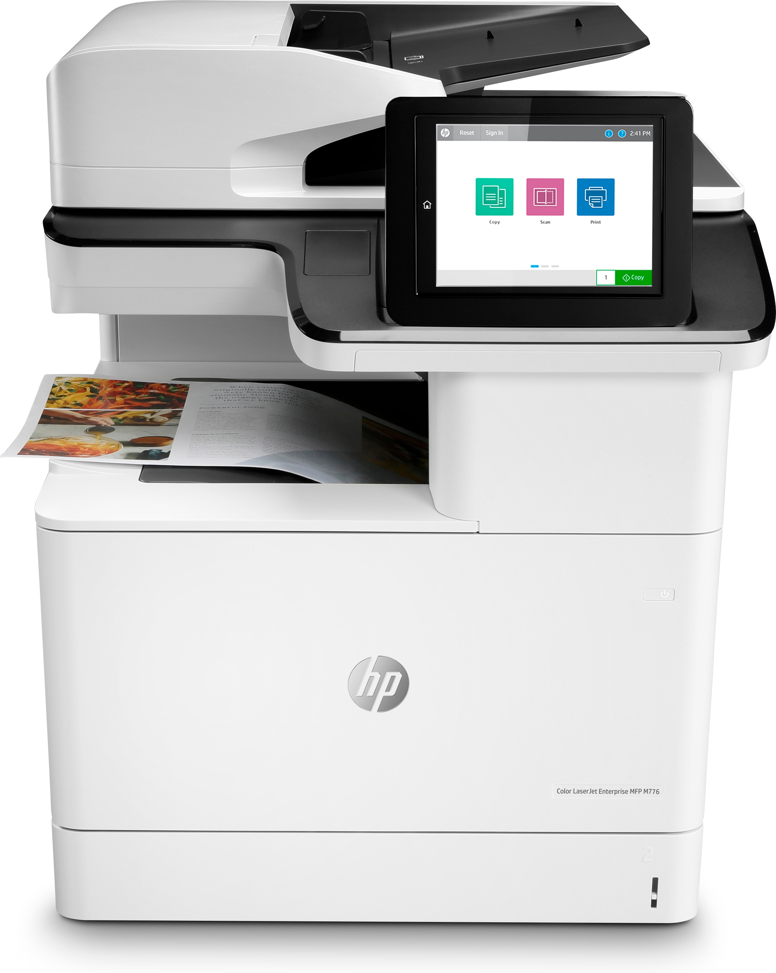 Ein weißer HP-Drucker mit Touchscreen, ein Dokument im Inneren und ein Bedienfeld mit Optionen zum Kopieren, Scannen und Drucken.