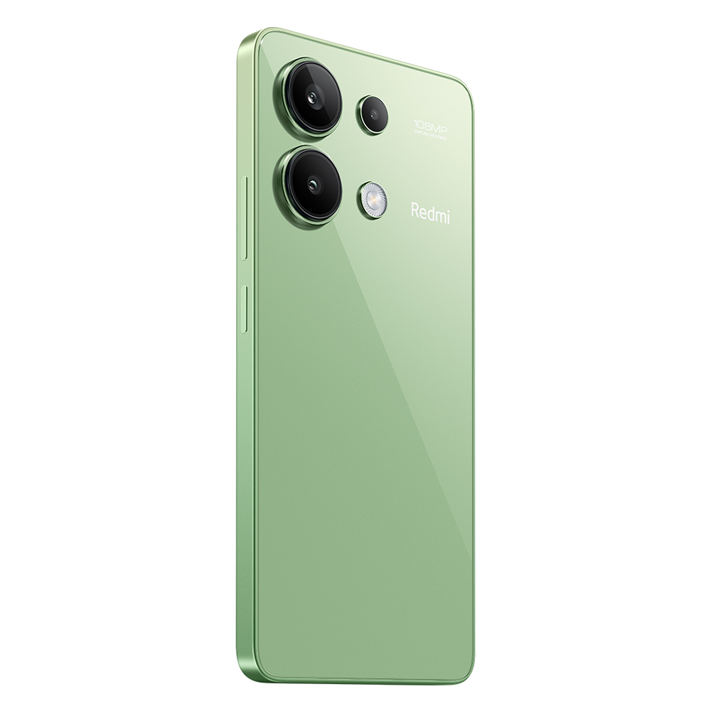 Beyaz zemin üzerinde yeşil akıllı telefon. Telefonun üç kamerası ve Redmi logosu var.