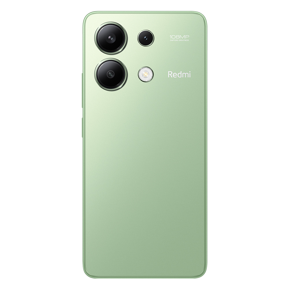 Üç kameralı ve flaşlı yeşil akıllı telefon arkası. Marka Redmi.