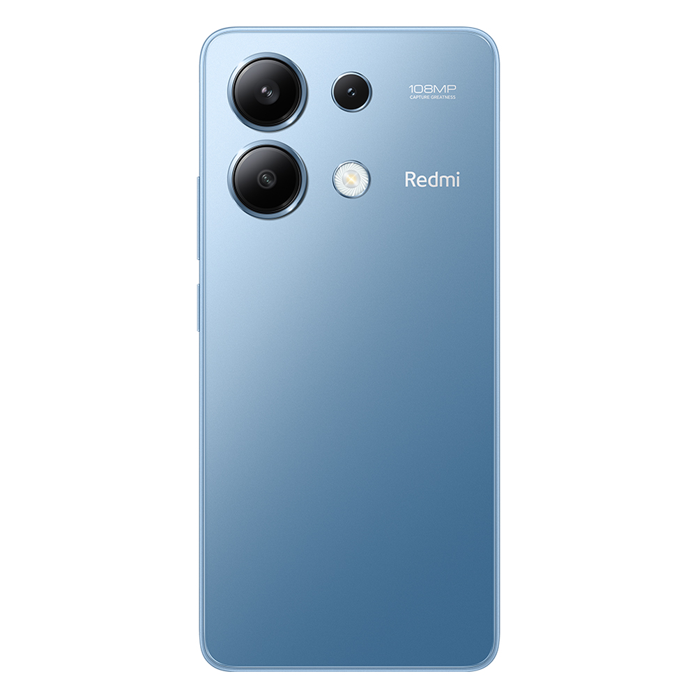 Çoklu kameralı mavi bir Redmi akıllı telefonun arkası.