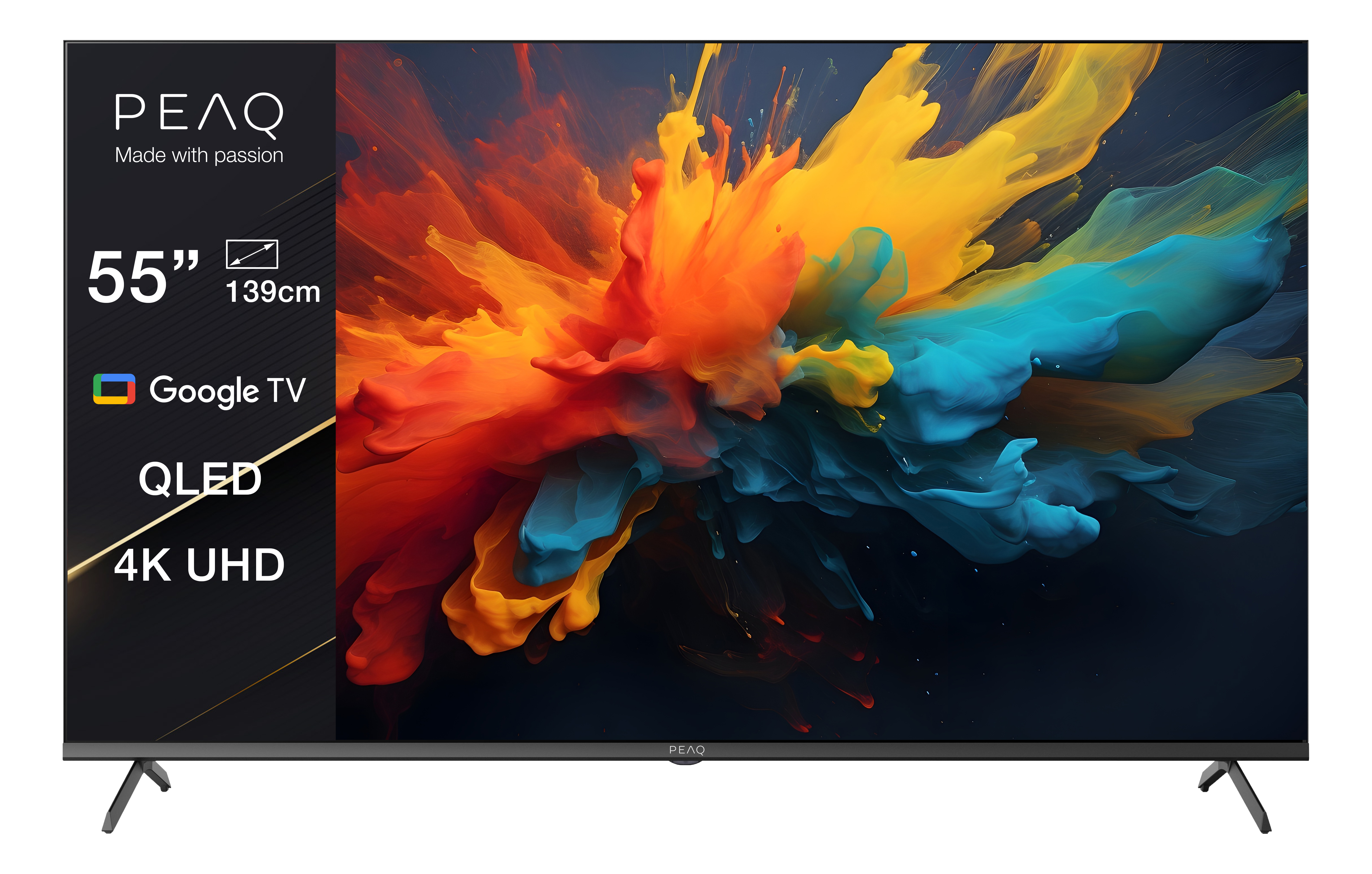 Ein großer Flachbildfernseher zeigt bunte abstrakte Kunst. Hat einen schwarzen Rahmen und steht auf Beinen.