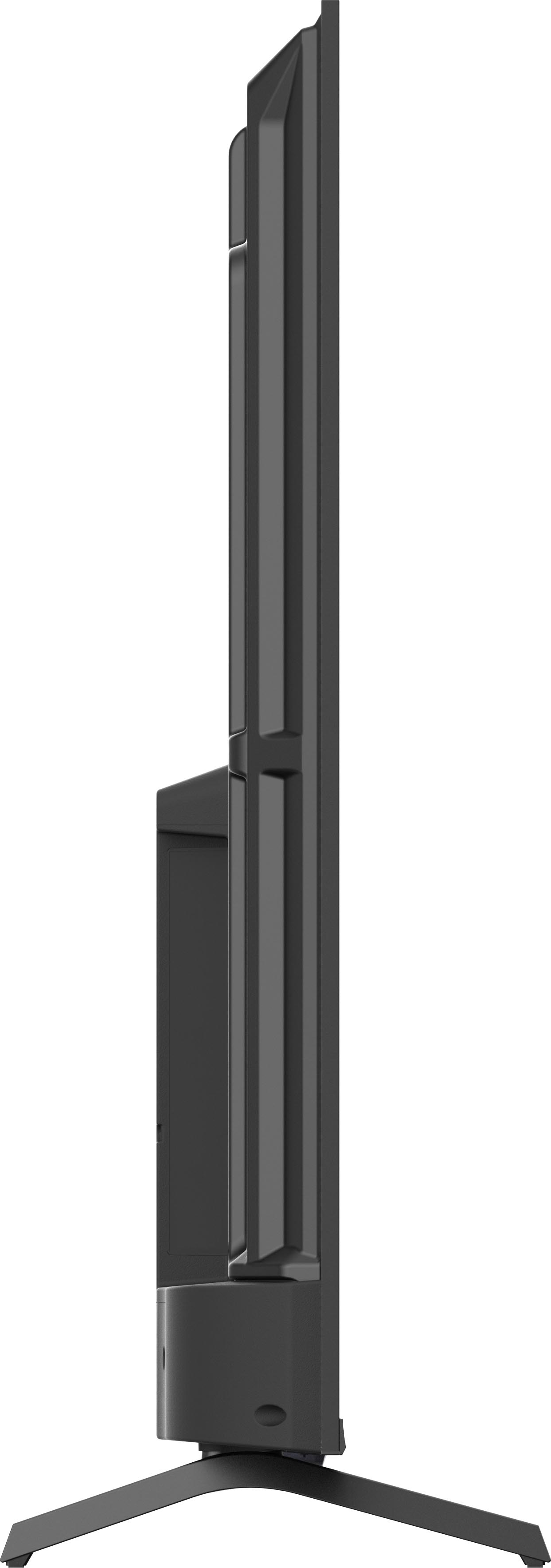 Ein schwarzes Seitenprofil eines Fernsehers auf einem Ständer.