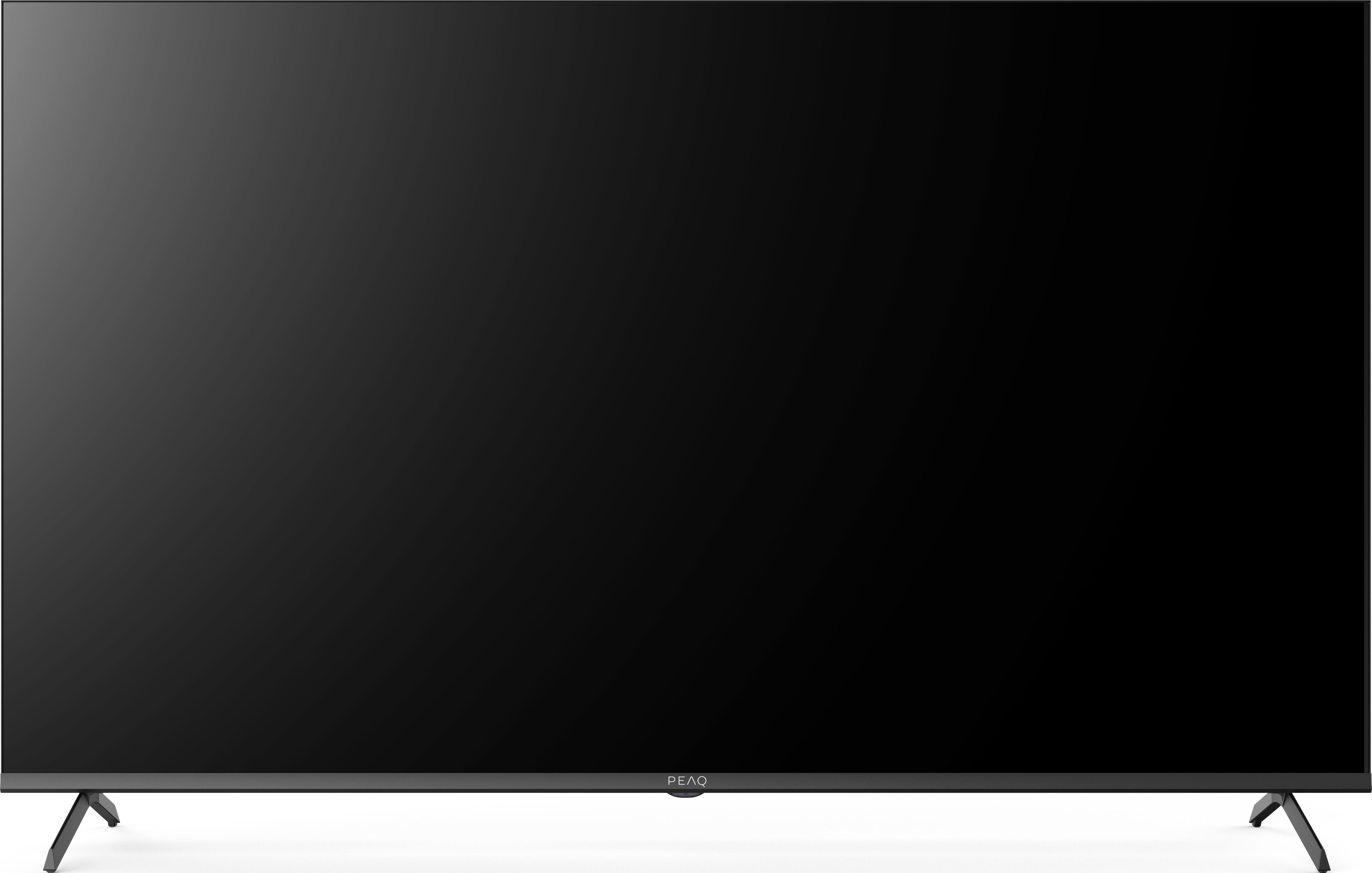 Ein großer, schwarzer Flachbildfernseher mit einem dünnen, dunklen Rahmen und Beinen.
