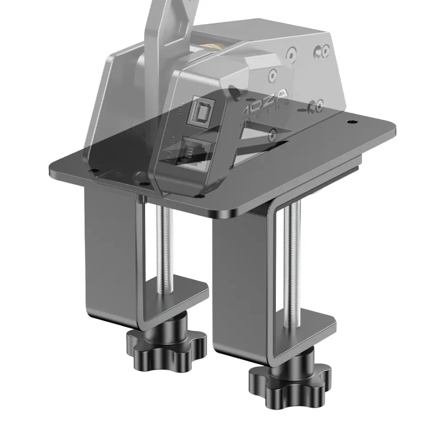 Siyah metal stand, siyah tabanla, bir cihazı destekliyor. İki ayar vidası görülüyor.