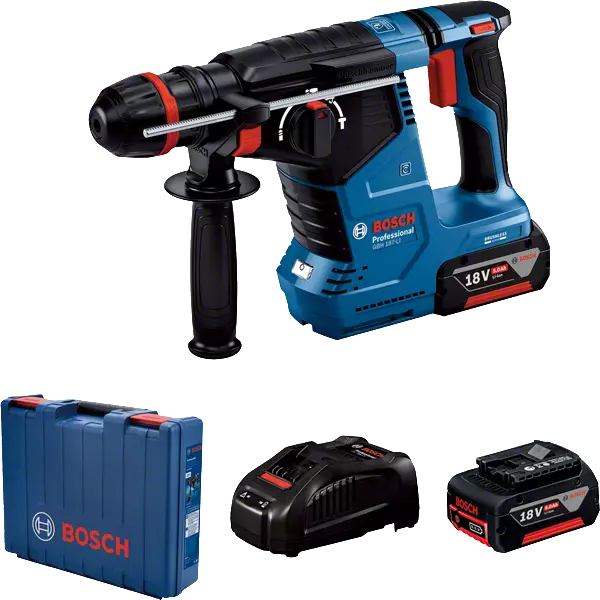 Bosch fúrókalapács és tartozékok. Kék és fekete színvilág.