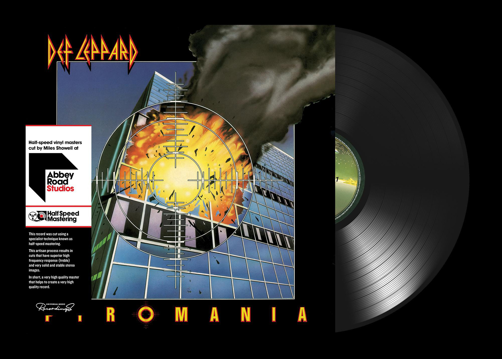 Def Leppard Albumcover, ein Fadenkreuz über einem brennenden Gebäude. Schallplatte rechts.