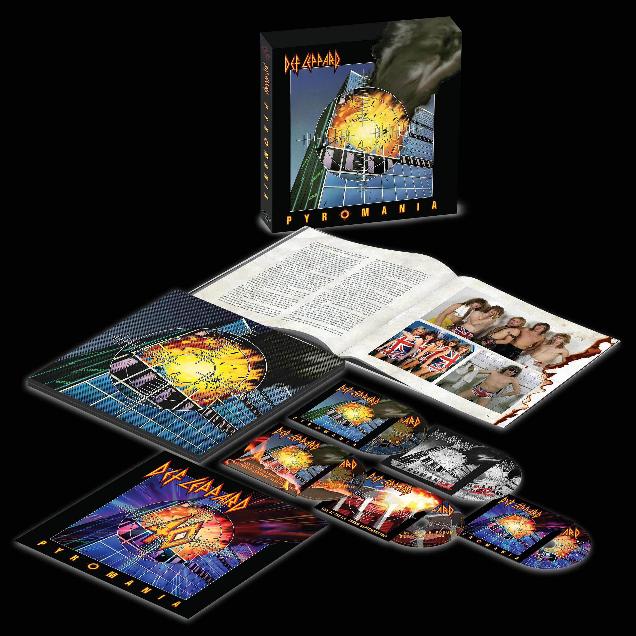 Def Leppard Pyromania Box-Set. Box mit Albumcover, offenem Buch, CDs und anderen Werbeartikeln.