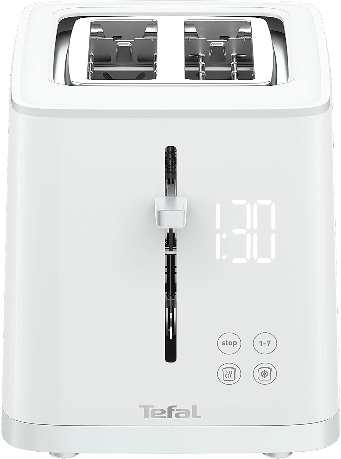Biały toster z cyfrowym wyświetlaczem pokazującym 1:30.