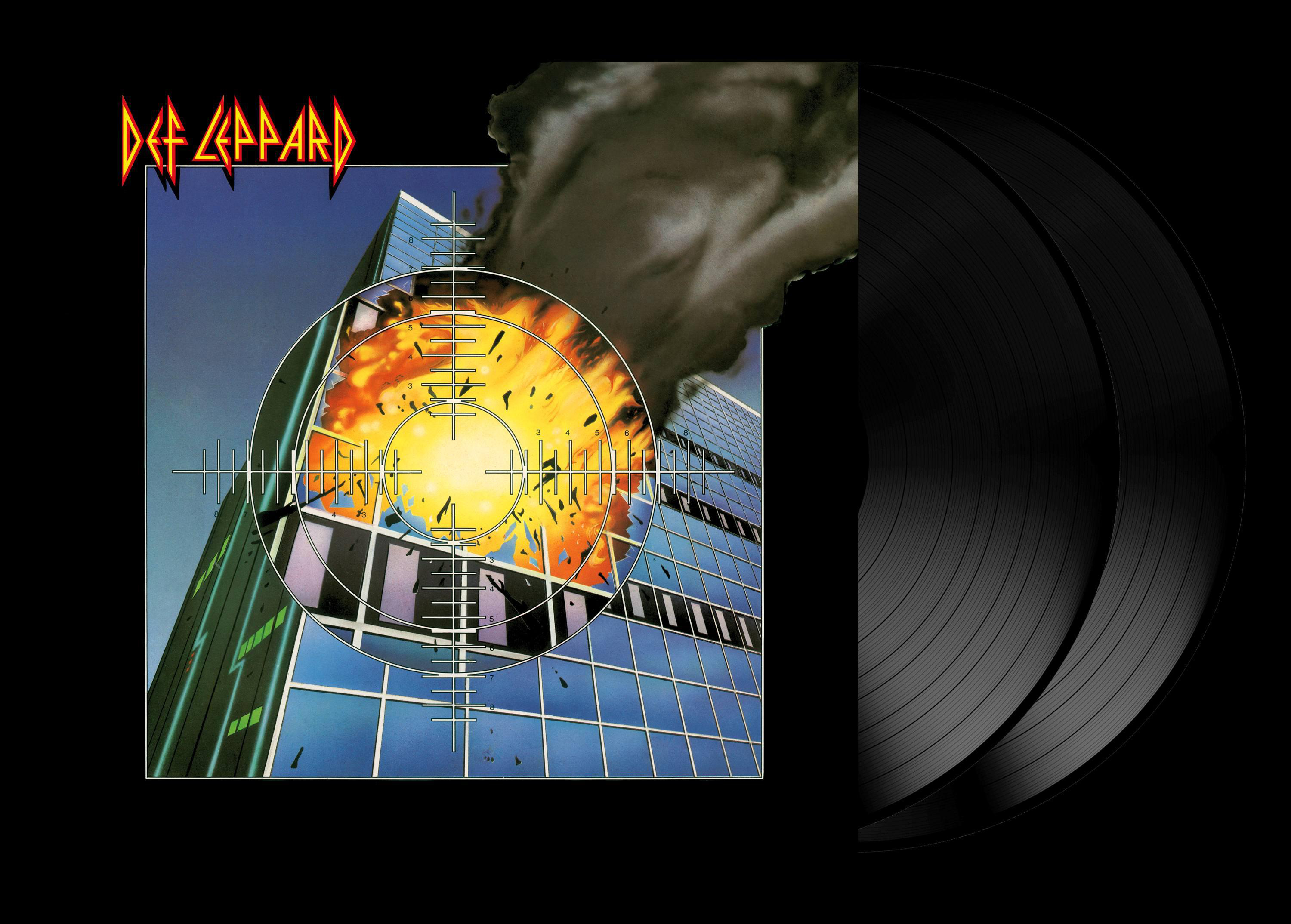 Def Leppard Albumcover mit explodierendem Gebäude im Fadenkreuz. Zwei schwarze Vinyls im Hintergrund.