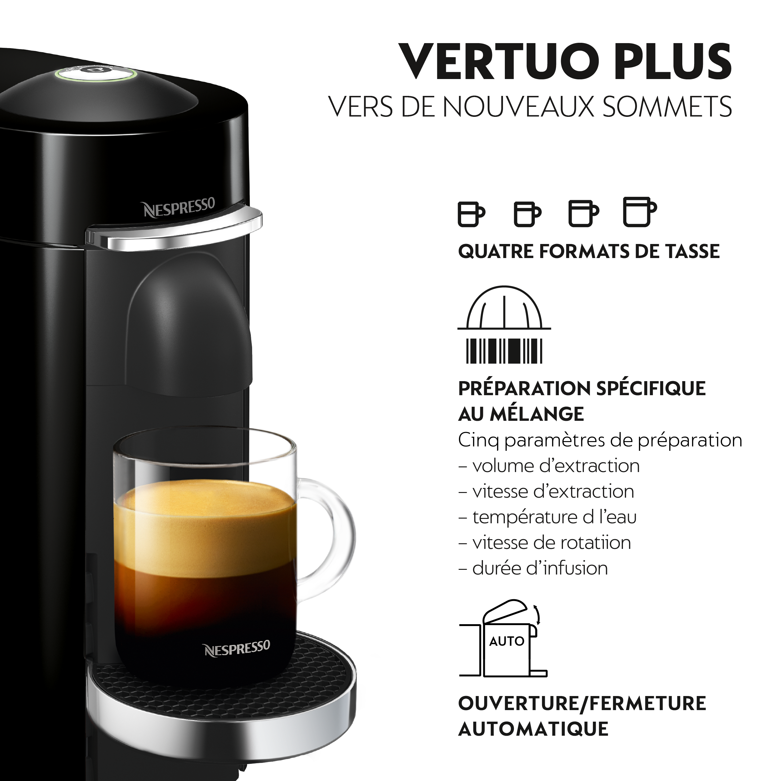 Machine Nespresso Vertuo Plus avec une tasse de café. La machine est noire, le café est dans un verre.