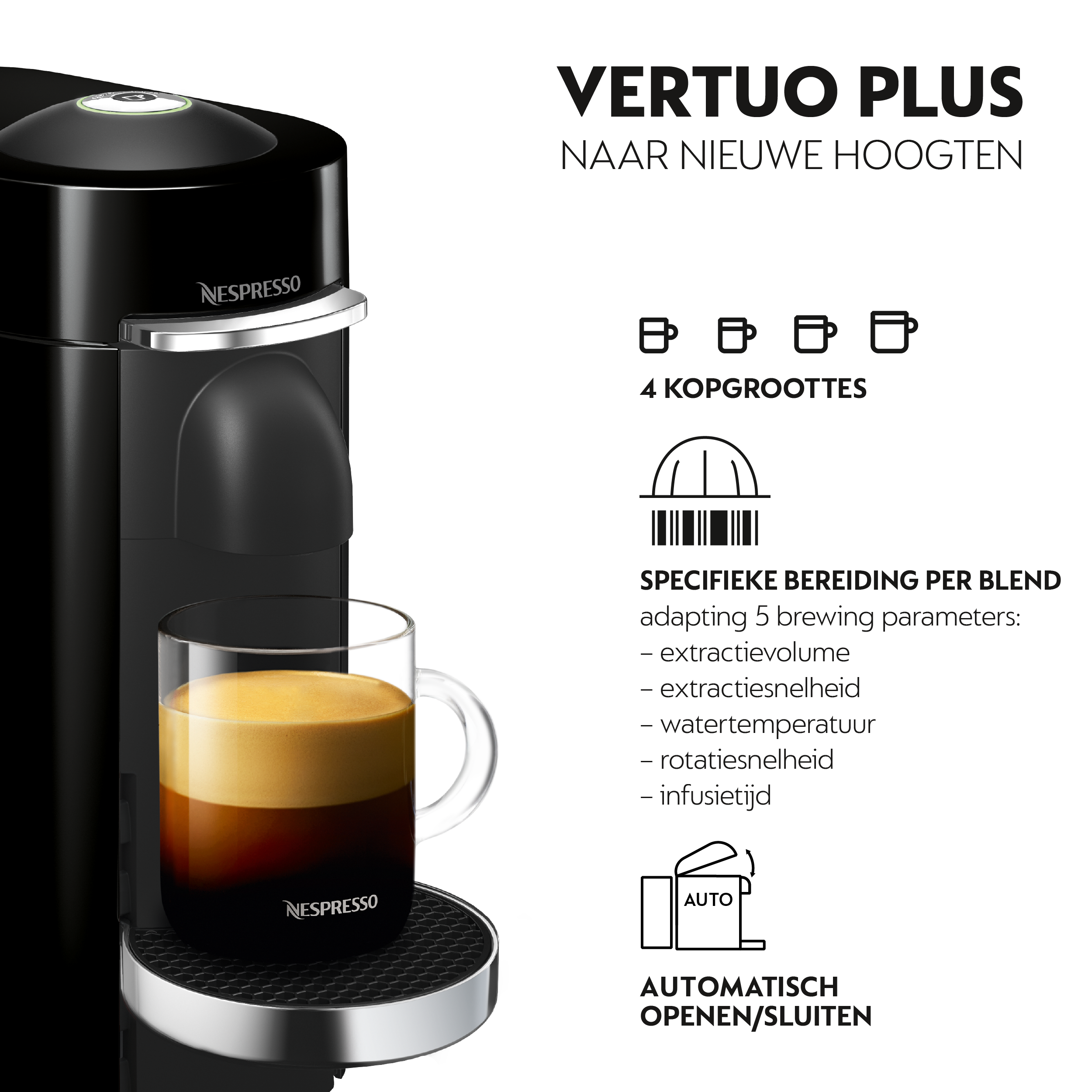 Een zwarte koffiemachine met een glazen kopje gevuld met koffie. Tekst in het Nederlands beschrijft de functies.