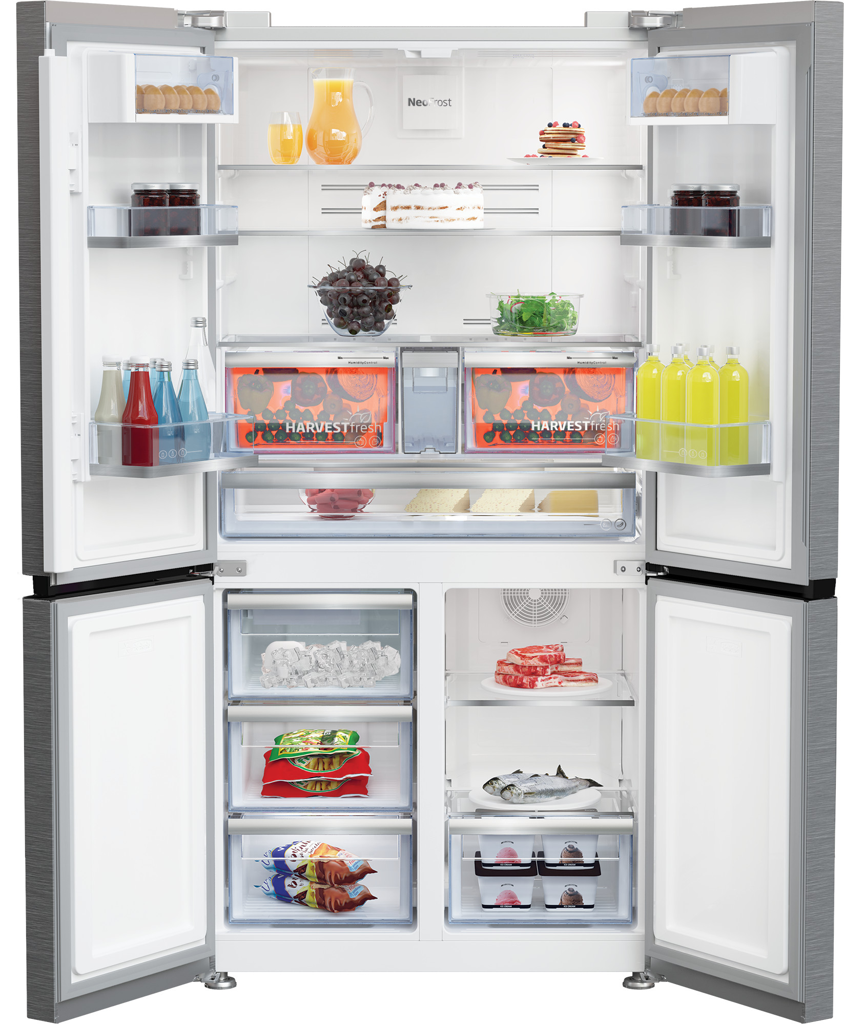 Otwarta lodówka z różnymi produktami spożywczymi na półkach. Zawiera owoce, warzywa i napoje.