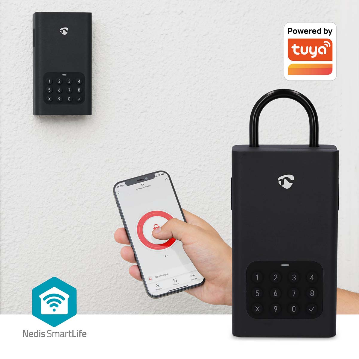 Schwarzes Smart-Lock-System. Eines an der Wand, ein anderes am Griff. Hand benutzt Telefon. 'Powered by tuya'-Logo.