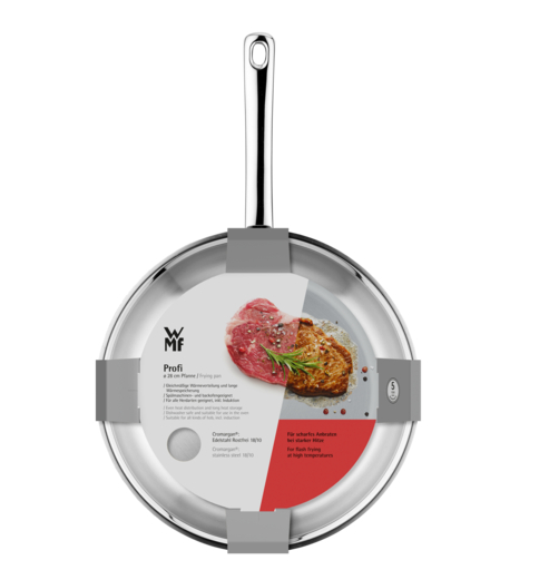Edelstahl-Bratpfanne mit Griff. Verpackung zeigt gekochtes Fleisch und Text.