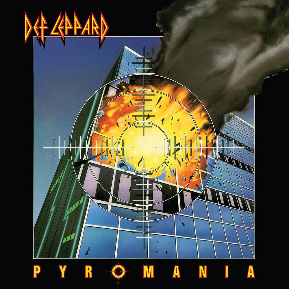 Albumcover. Ein Gebäude explodiert, von einem Zielfernrohr anvisiert. Def Leppard - Pyromania.