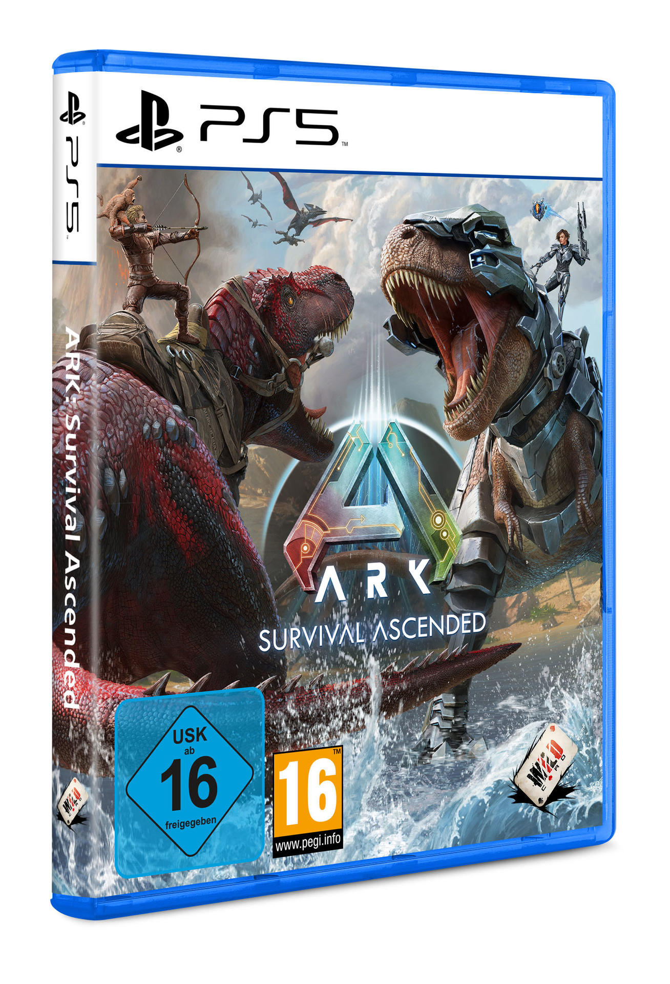 PS5-Spielhülle für ARK: Survival Ascended, mit Dinosauriern und blauem Rand.