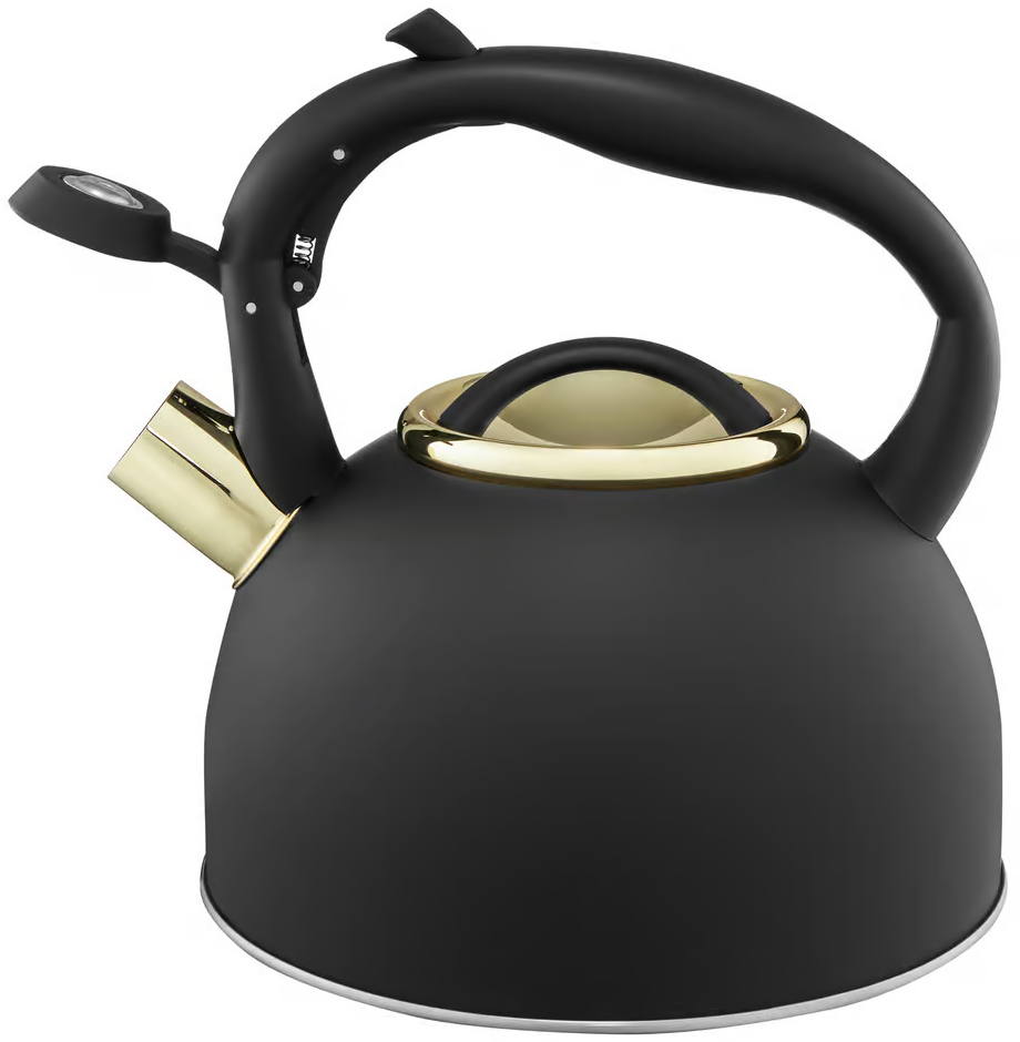 Czajnik czarny ze złotymi akcentami. Posiada uchwyt i wylewkę.