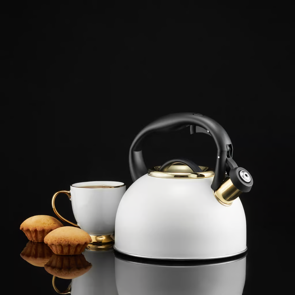 Biały czajnik, biały kubek ze złotym obramowaniem i dwie babeczki na czarnej powierzchni.