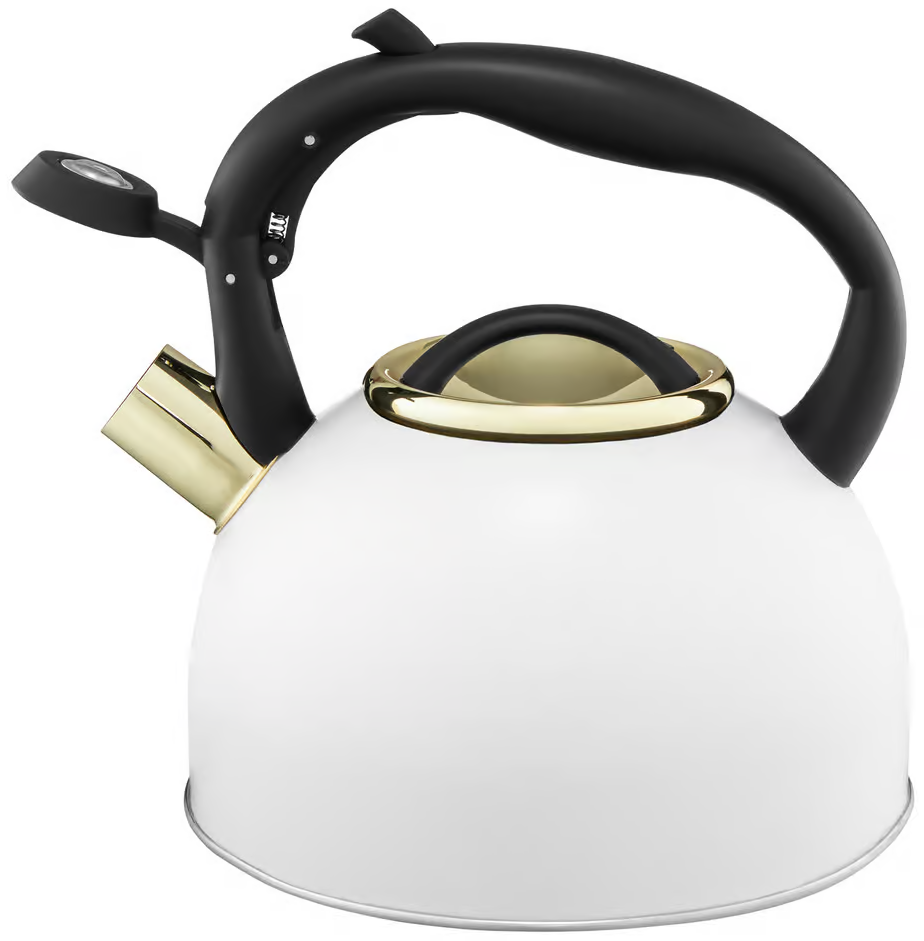 Biały czajnik z czarnym uchwytem i wylewką, złote akcenty. Na białej powierzchni. Prosty design.