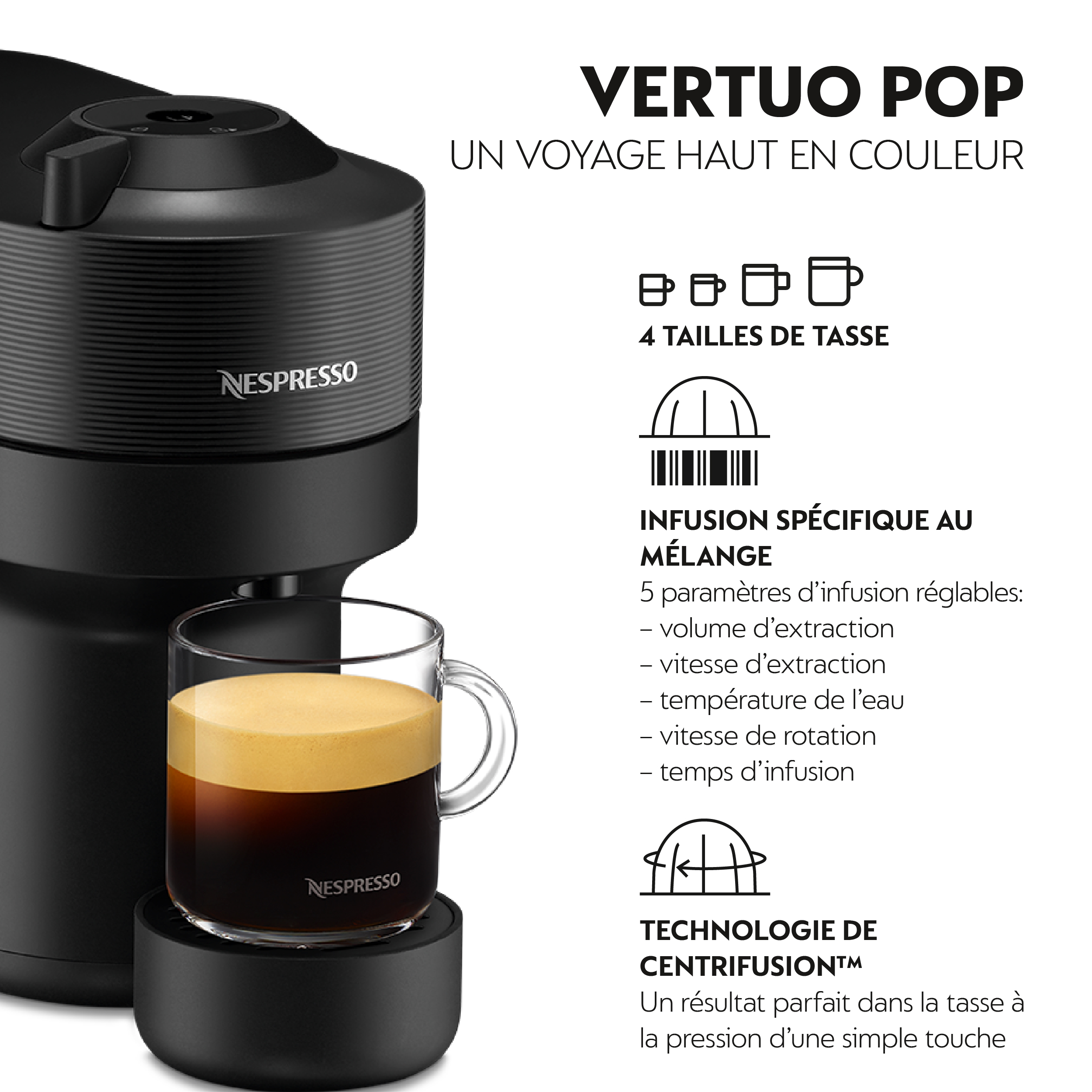 Une machine à café noire avec une tasse de café.