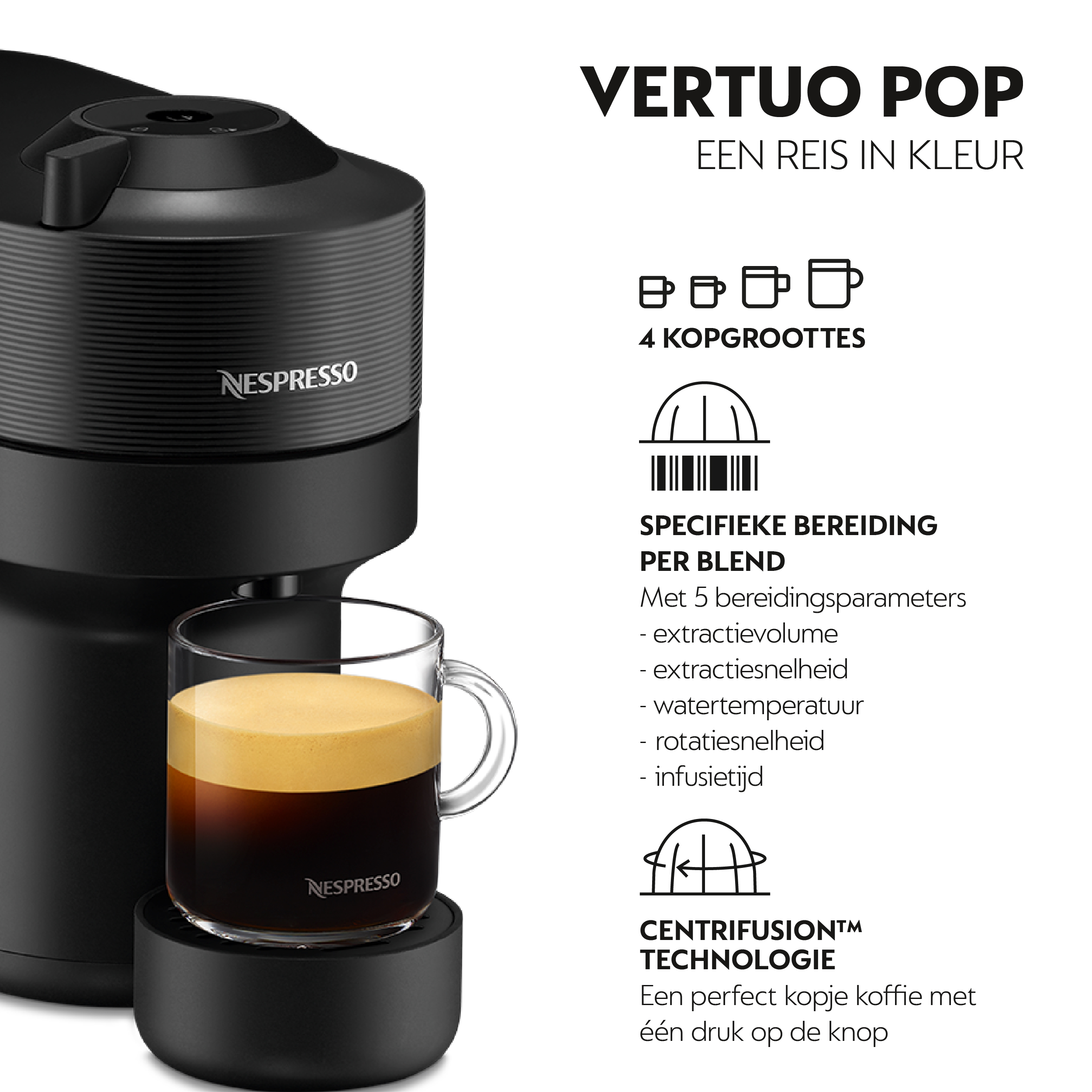 A black Nespresso coffee machine with a glass of coffee.