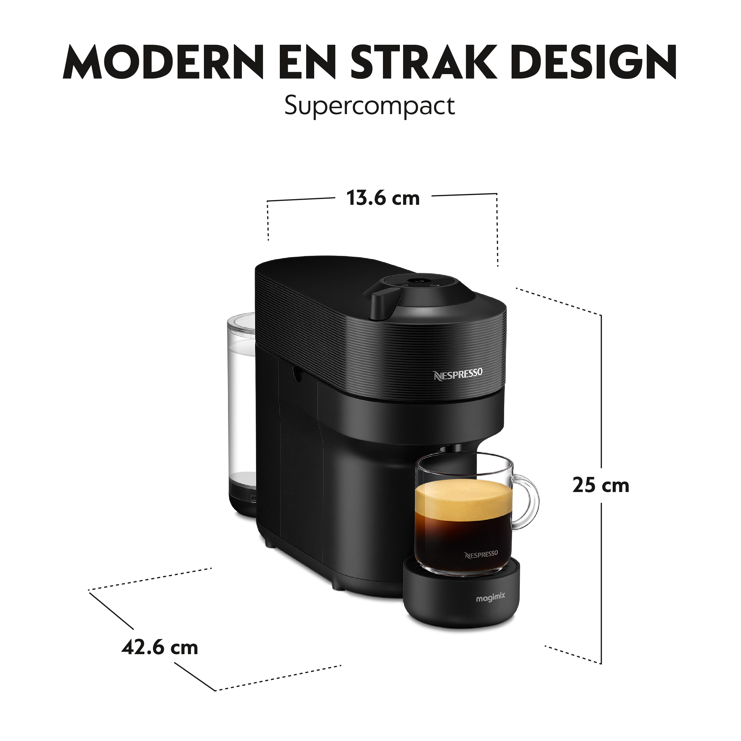 Black Nespresso machine with a glass of coffee, dimensions are indicated in cm. White background.