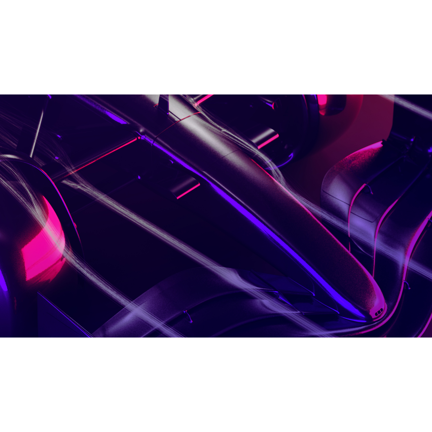 Abstract beeld van een auto, paarse en roze lichten, donkere achtergrond.