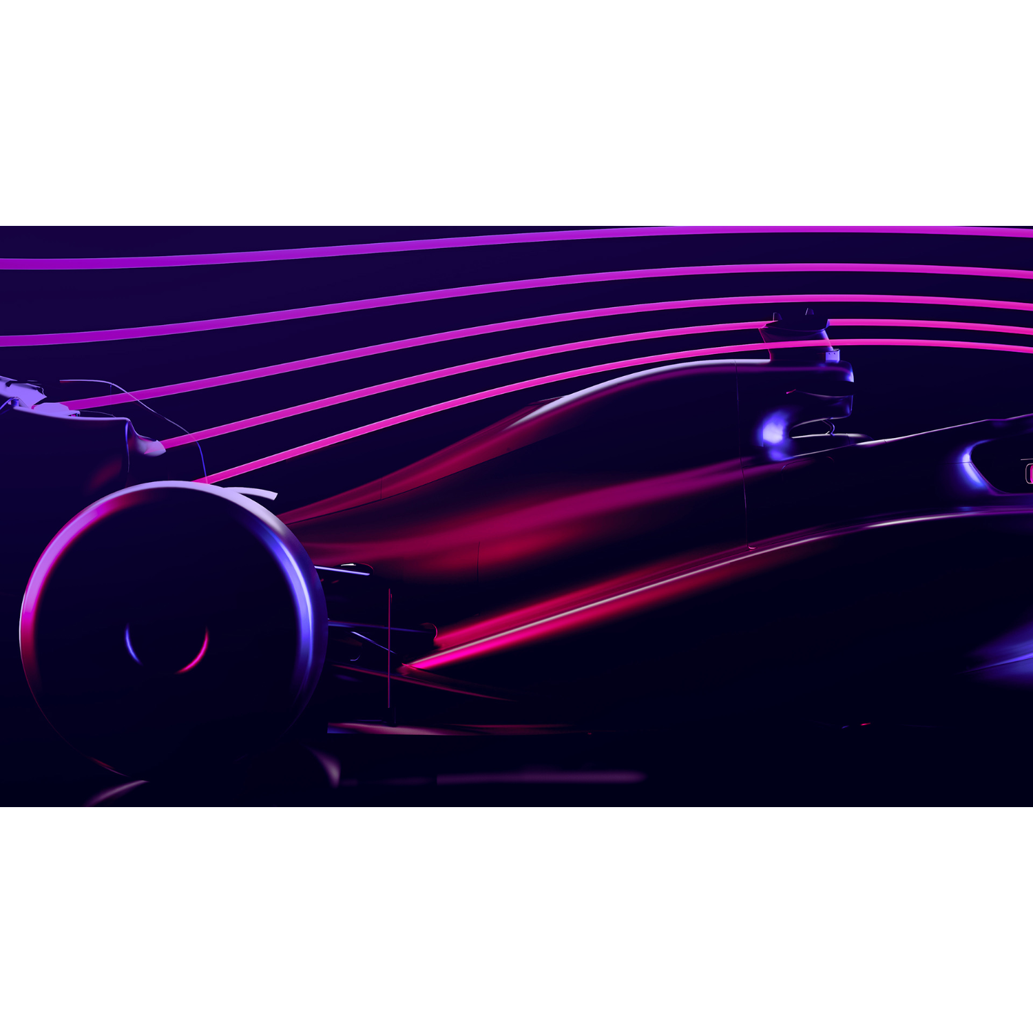 Formule 1 auto in beweging, strepen roze en paars licht, donkere achtergrond.