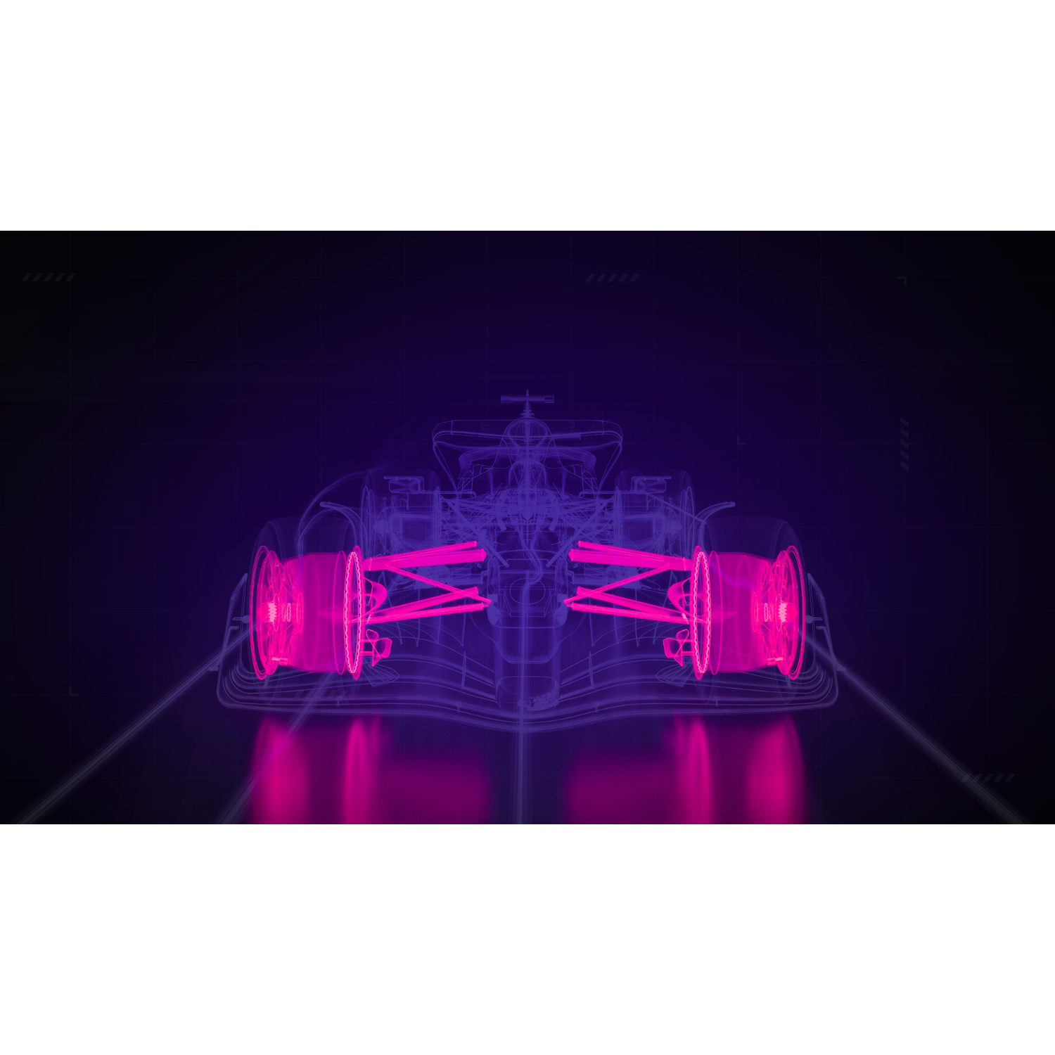 Een neonverlichte Formule 1-auto met zichtbare mechanische details. Roze accenten op de wielen.