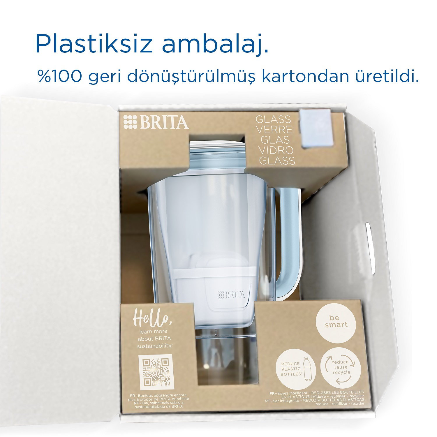 Kutu içinde su filtresi, metin ve logolar. Beyaz zemin. Çok dilli metin.