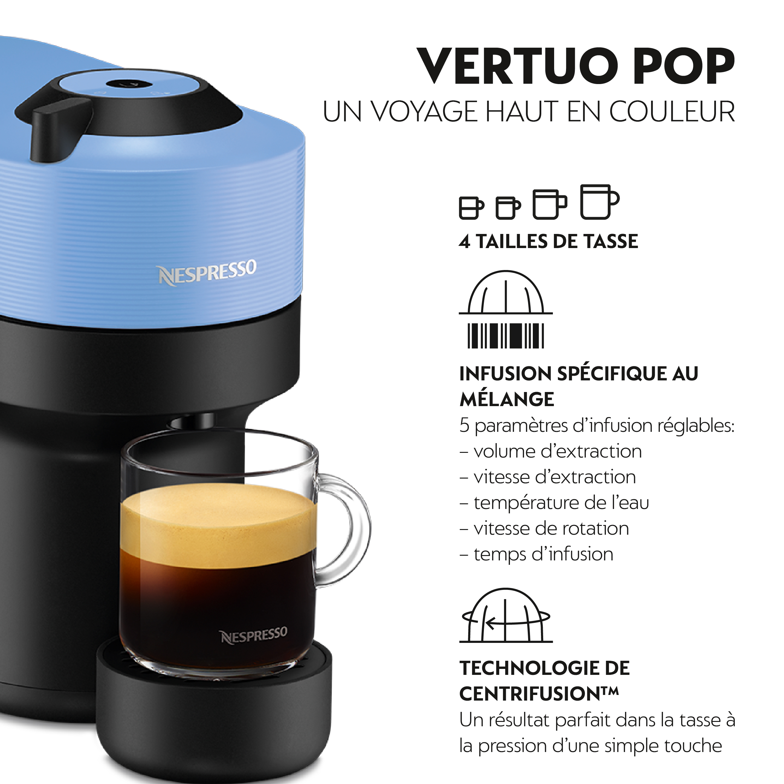 Machine à café Nespresso Vertuo Pop bleue et noire avec une tasse en verre remplie de café.