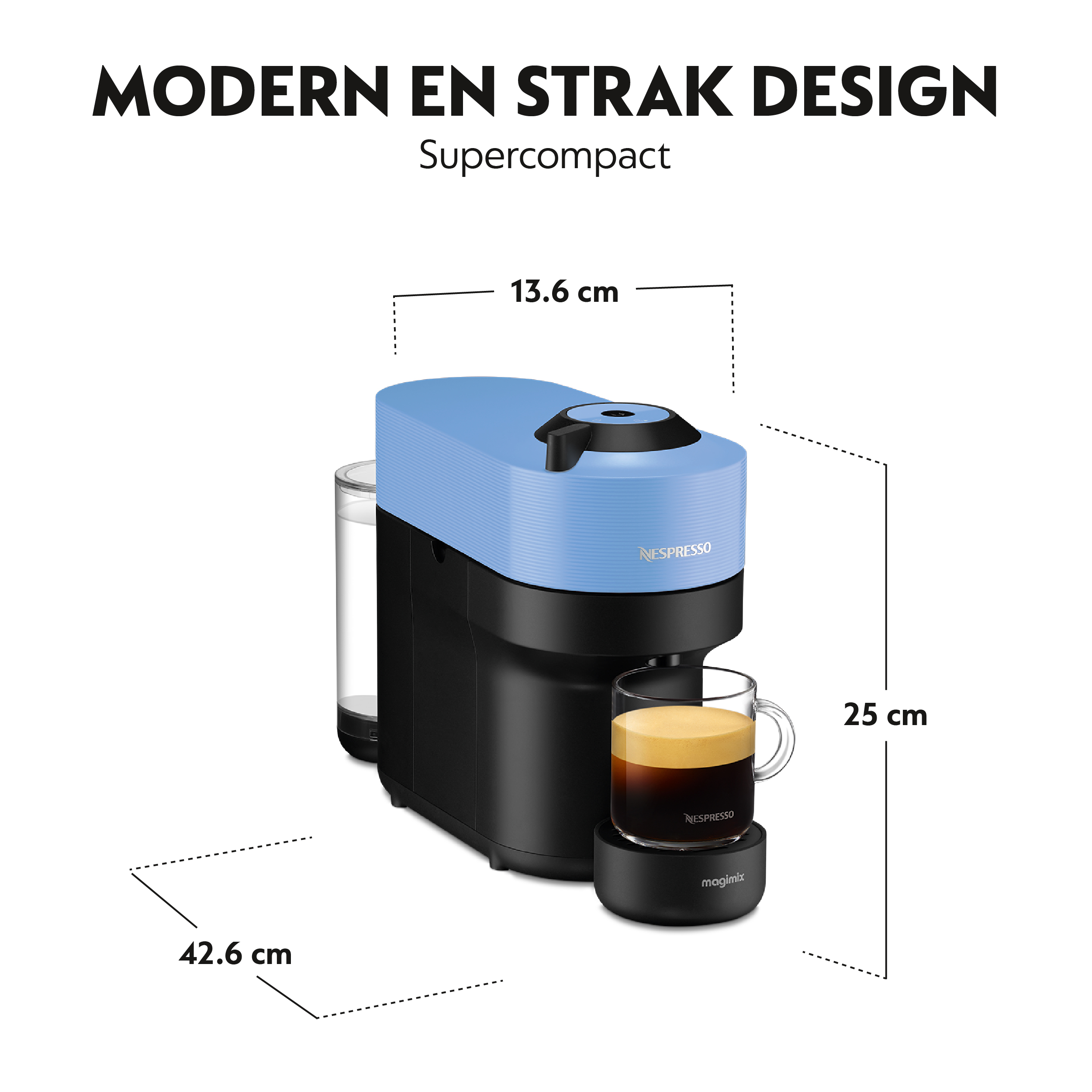 A blue and black Nespresso coffee machine with dimensions.