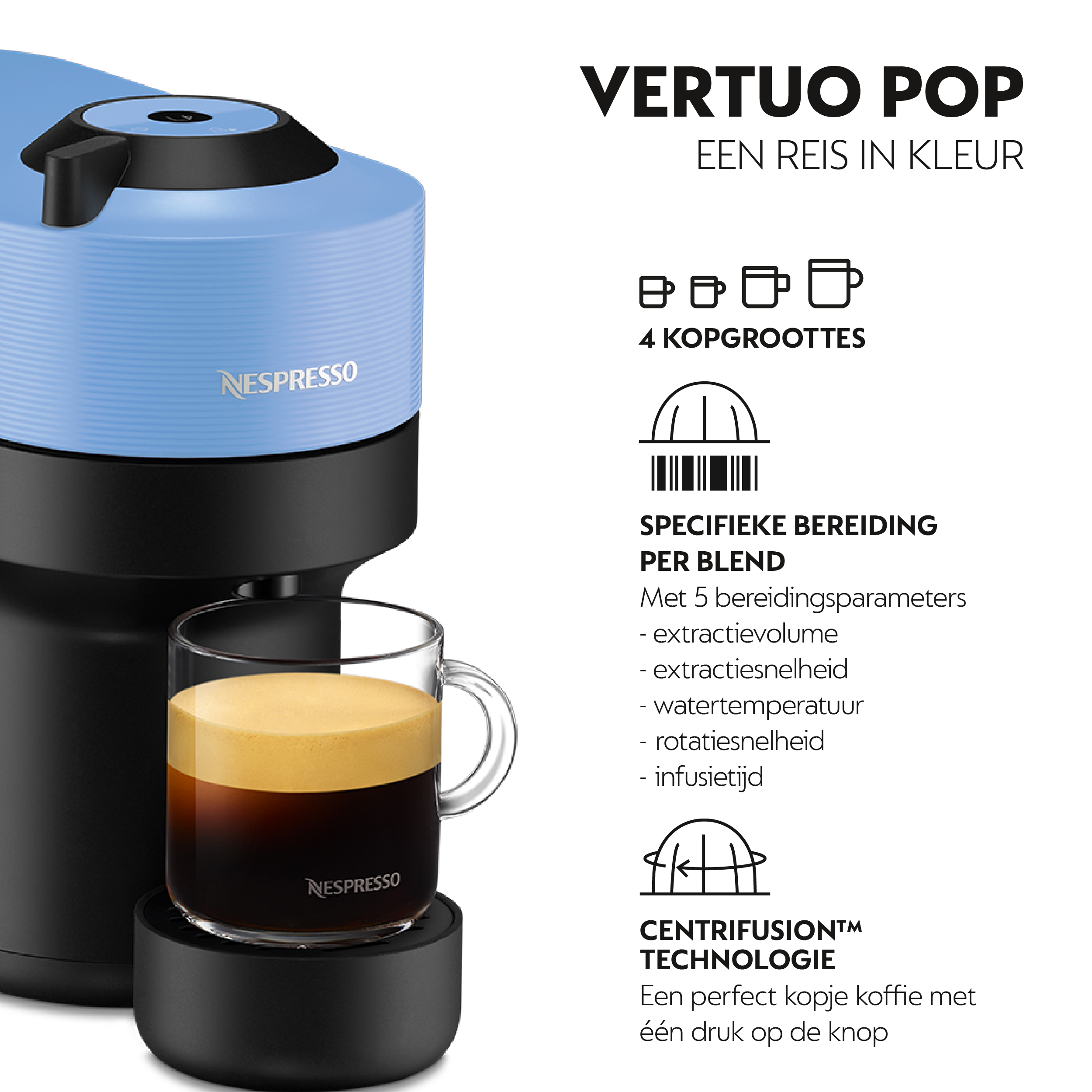 Nespresso Vertuo Pop coffee machine with a glass of coffee and descriptive text.