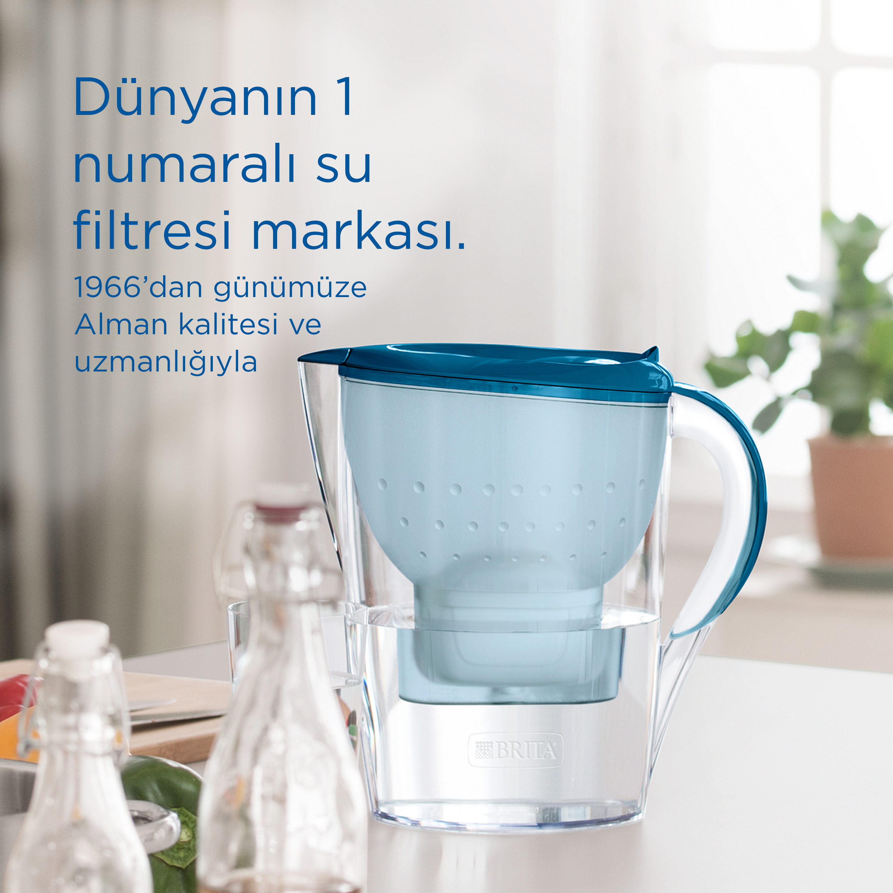 Mavi su filtresi sürahisi, bitki ile birlikte bir masada, üstte metin. Beyaz zemin.