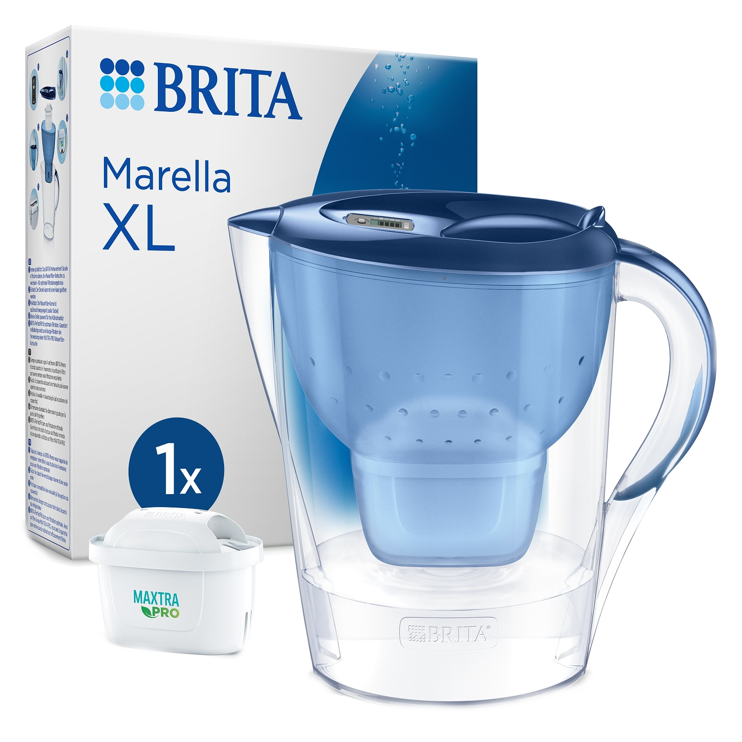 Filtre ve filtre kutusu ile beyaz ve mavi bir Brita su filtresi sürahisi.