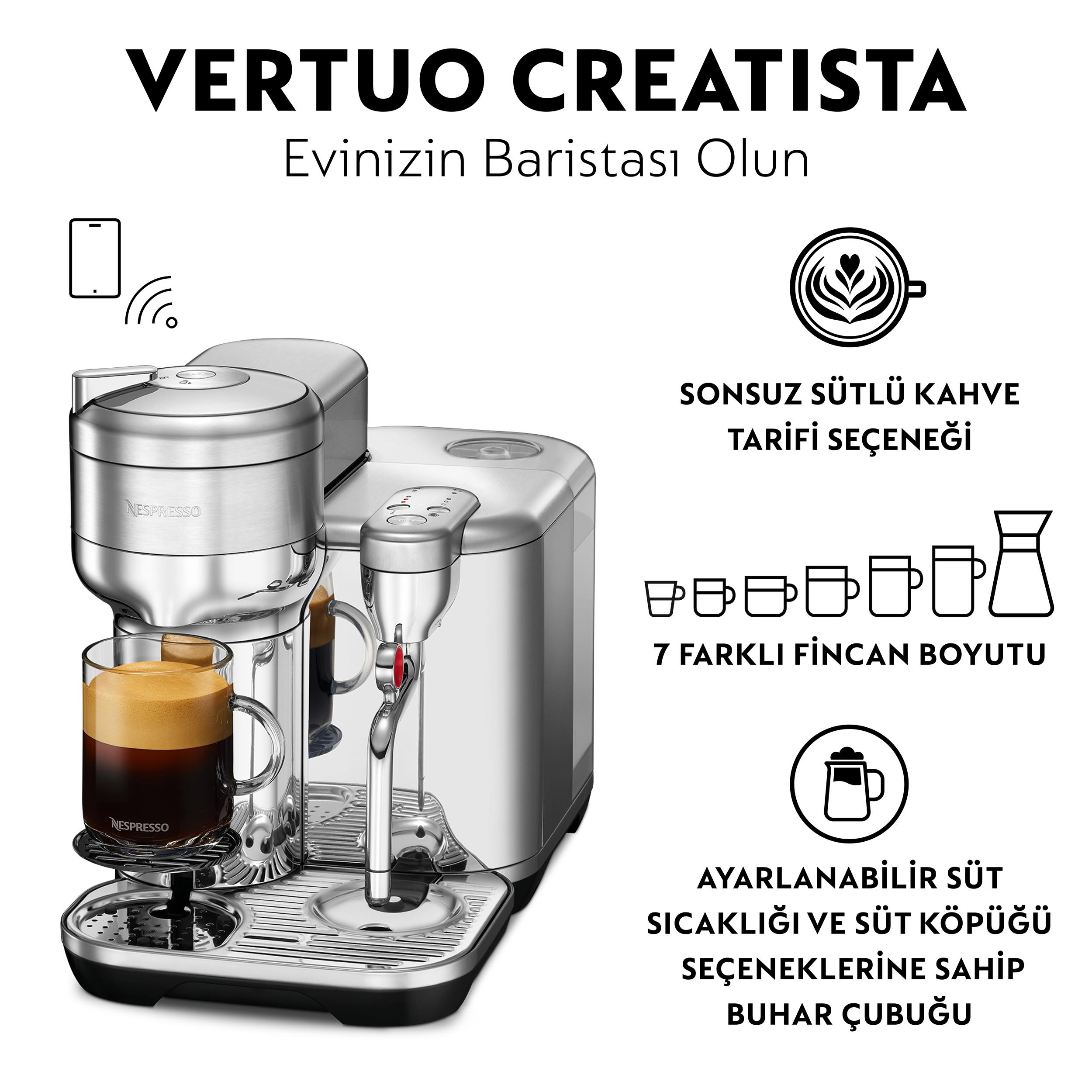 Bir kahve fincanı ve Türkçe metin içeren bir Nespresso Vertuo Creatista makinesi.