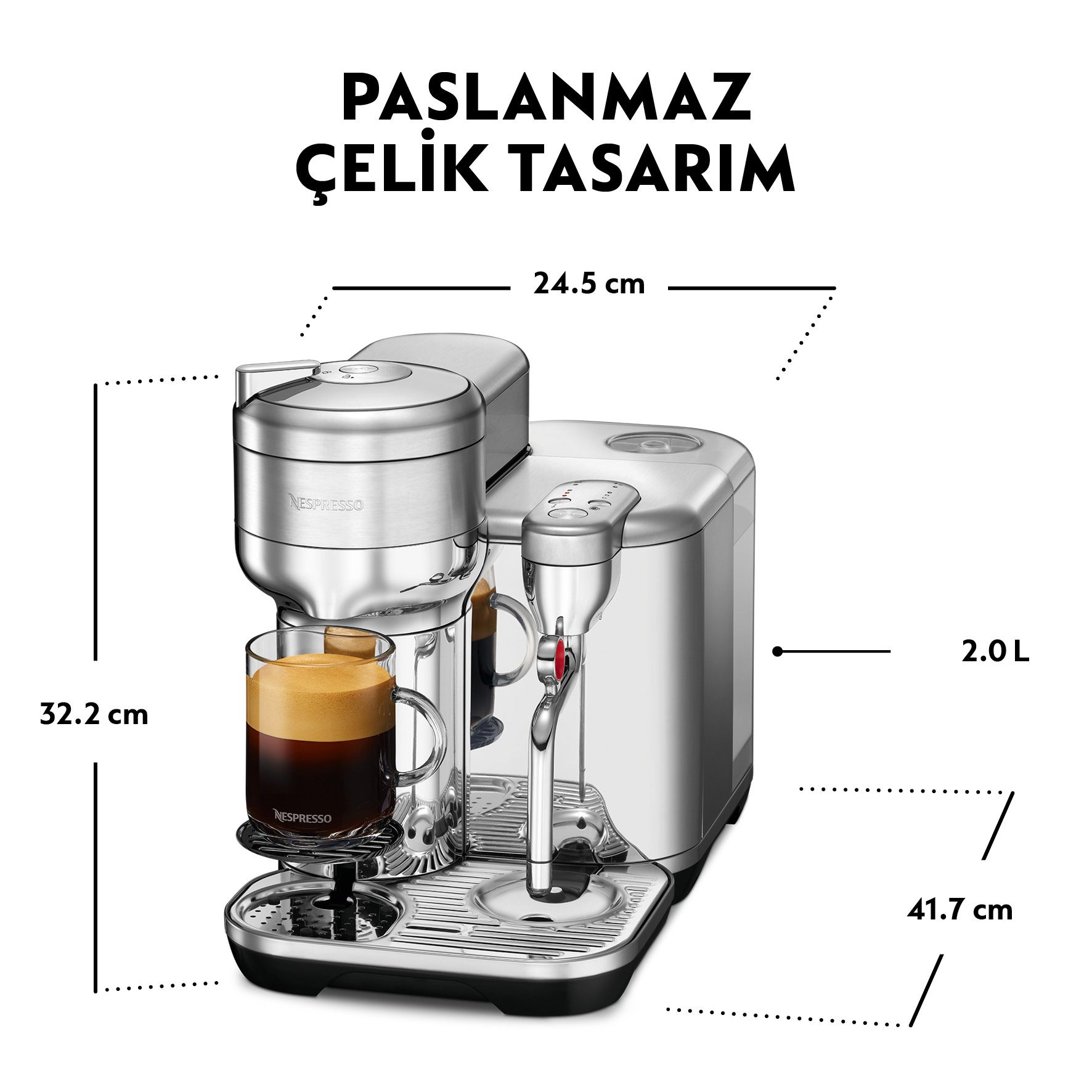 Boyutları olan gümüş Nespresso kahve makinesi, bir fincan kahve ve Türkçe metin.