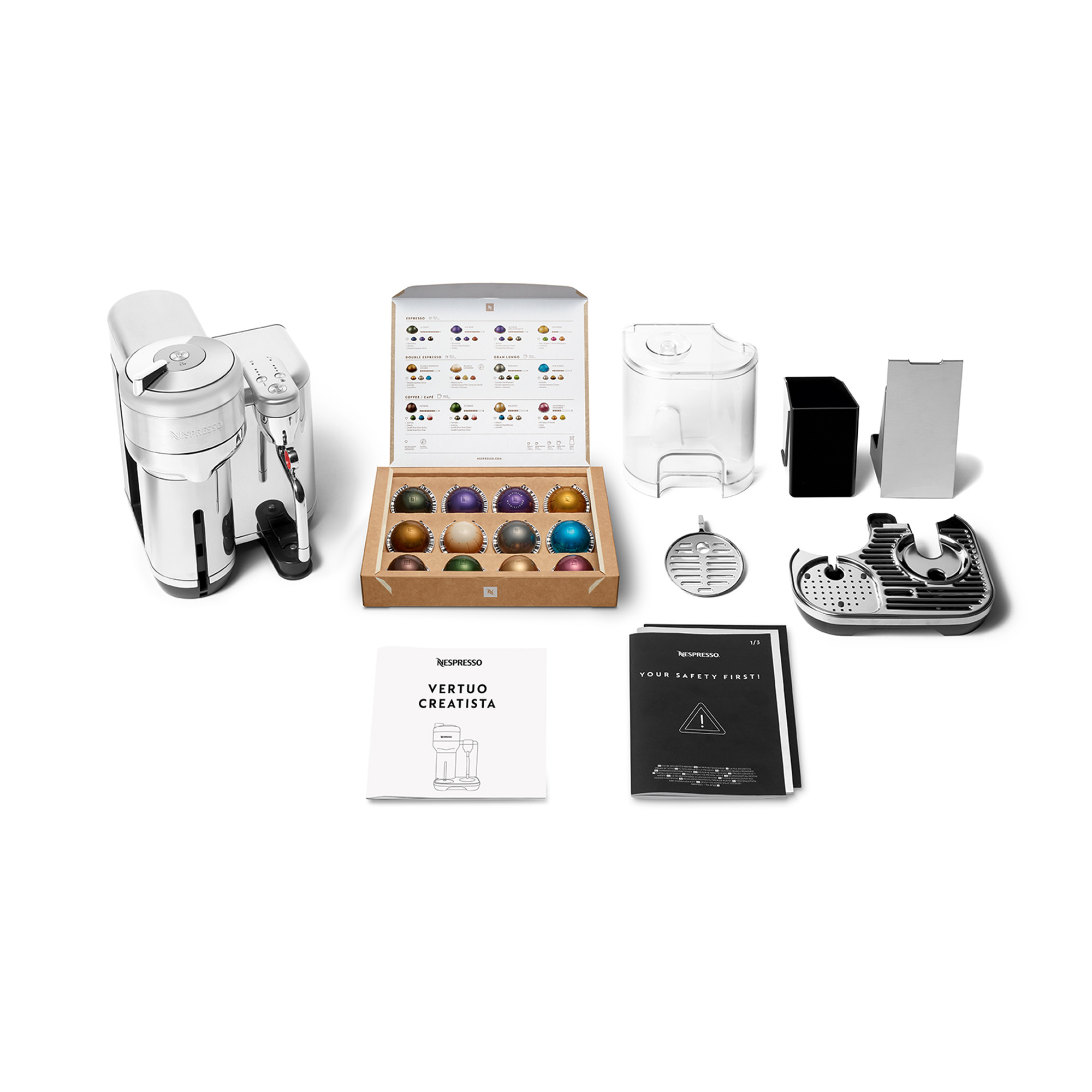 Nespresso Vertuo Creatista makinesi, kapsüller ve aksesuarlar. Kapsül kutusu ve kılavuzlar.