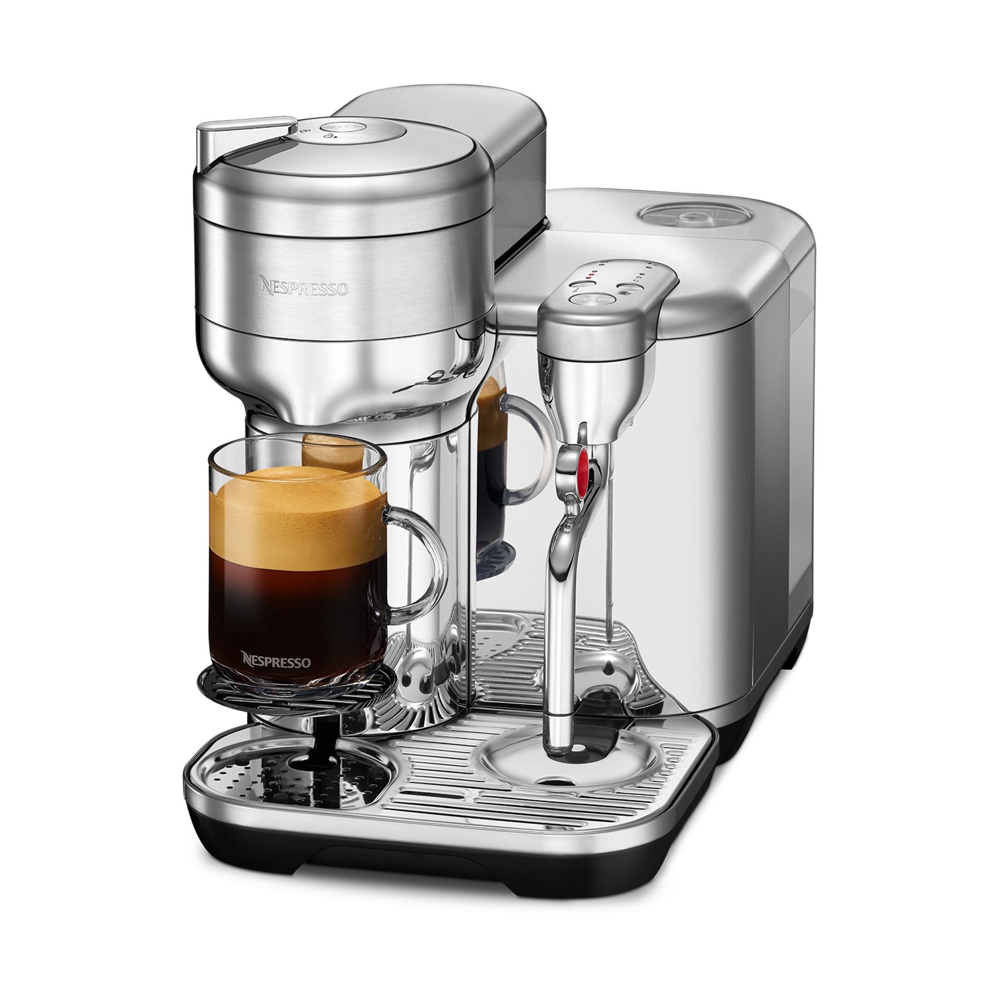 Gümüş Nespresso kahve makinesi, tepside bir bardak kahve ile.