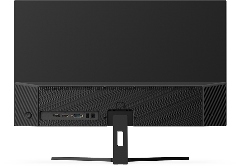 Egy fekete számítógép monitor hátulja. A portokat és az állványt mutatja.