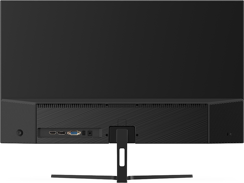 Egy fekete számítógép monitor hátulnézete HDMI, VGA, audio és tápcsatlakozókkal.