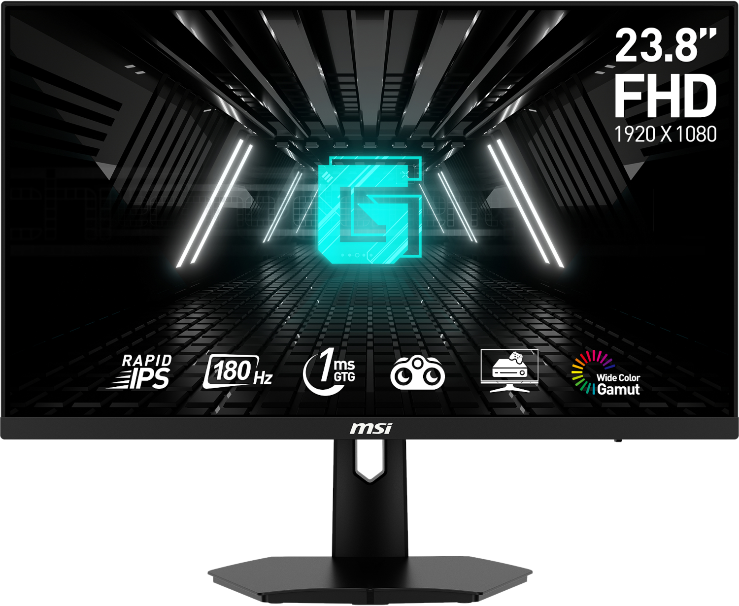 MSI zwarte computermonitor. Het scherm toont een neonverlichte game-scène, met tekst en graphics.