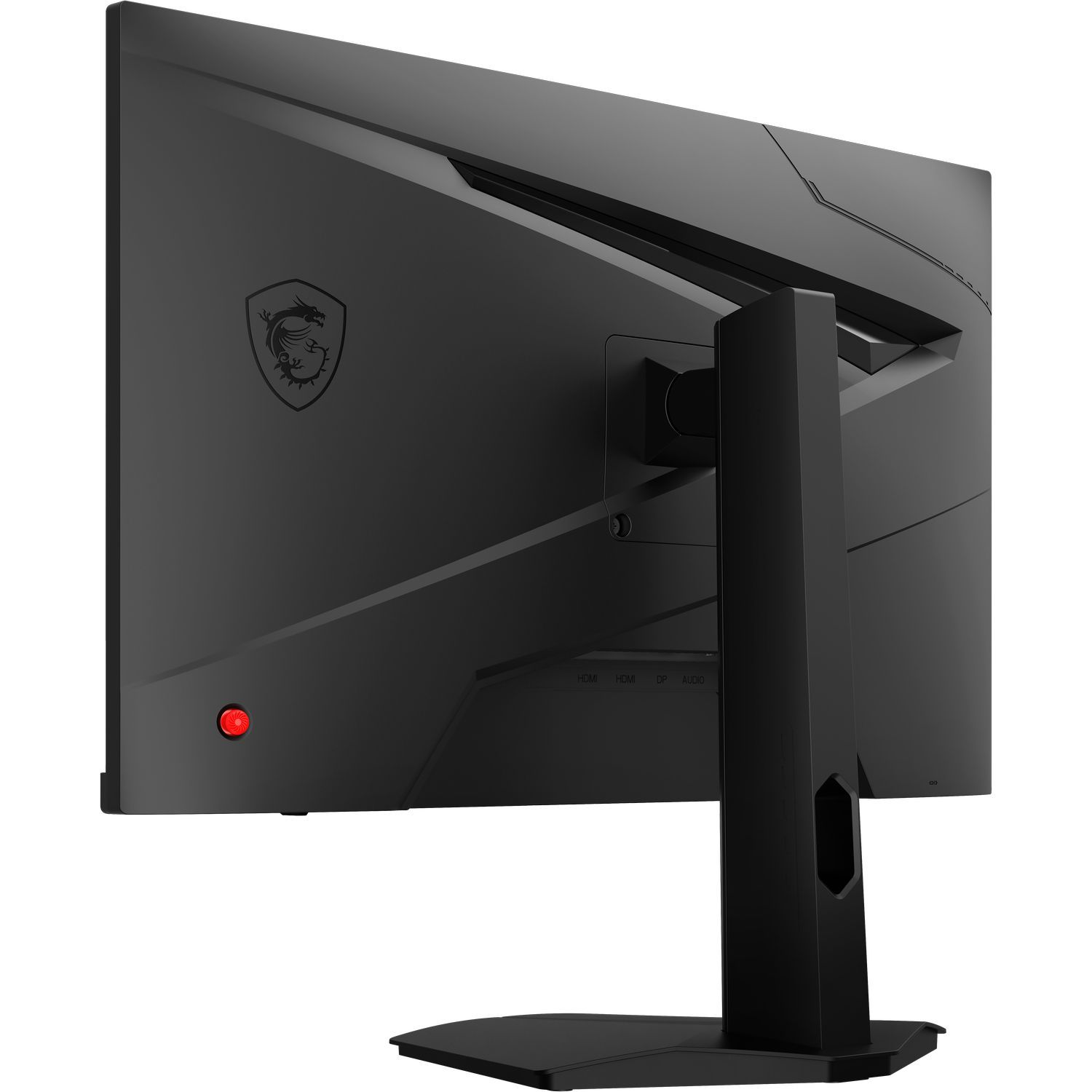 Achteraanzicht van een zwarte gaming monitor met een rode aan/uit-knop en een MSI-logo.