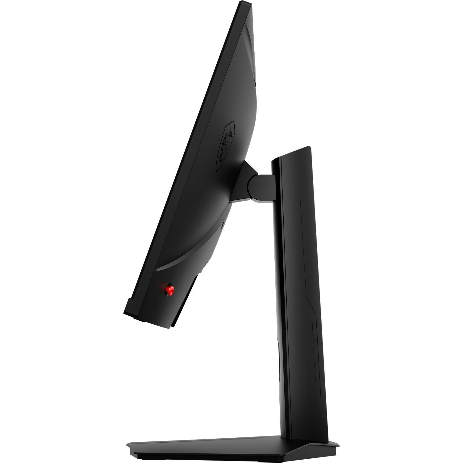 Zijaanzicht van een zwarte computermonitor met een rode stroomindicator.