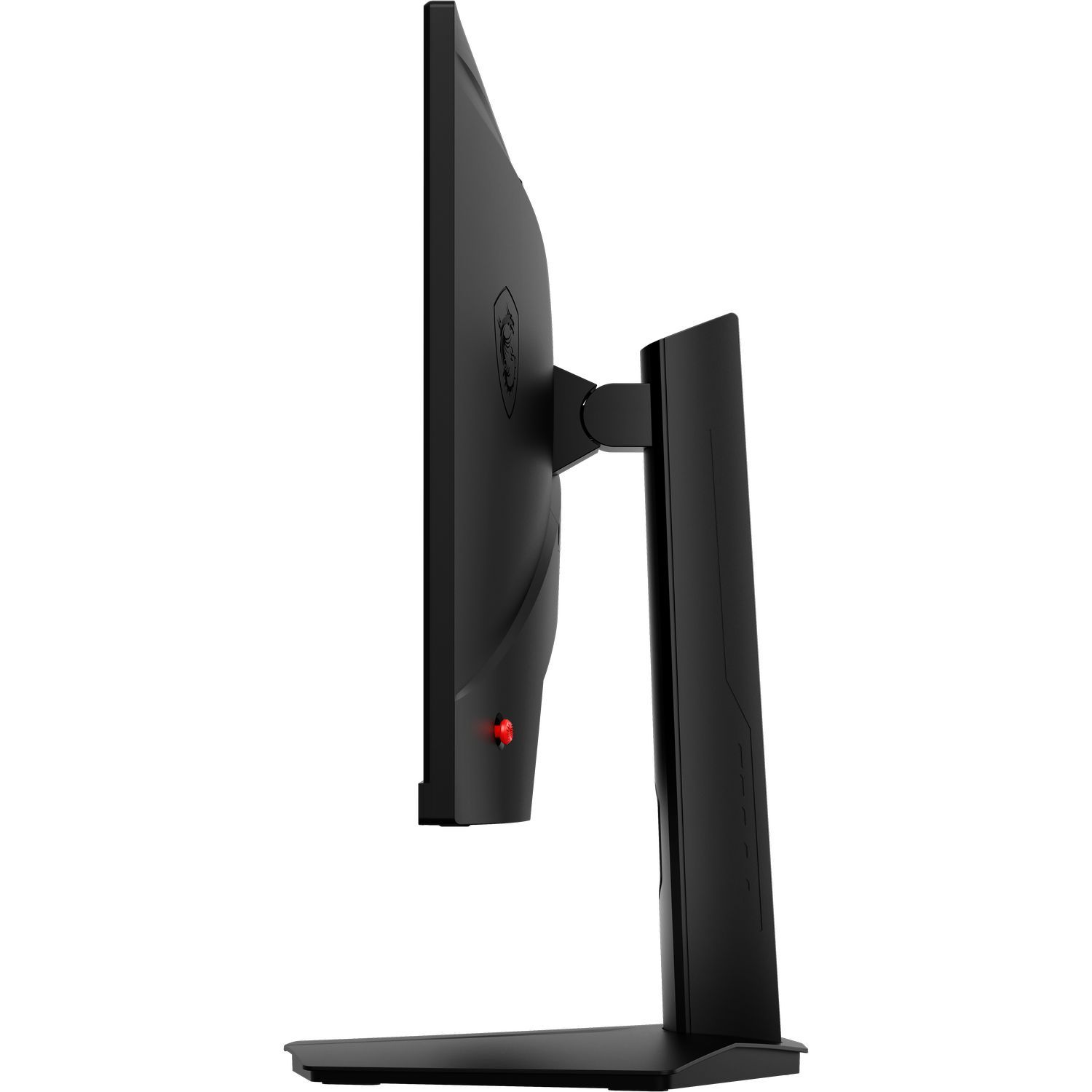 Zwarte computermonitor, zijaanzicht, met rode aan/uit-knop.