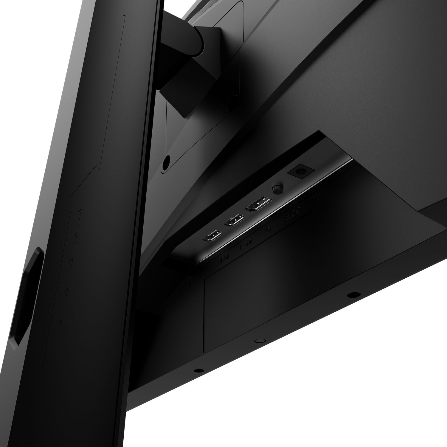 Close-up van de poorten op een zwarte computermonitor. HDMI-, USB- en audiopoorten zijn zichtbaar.