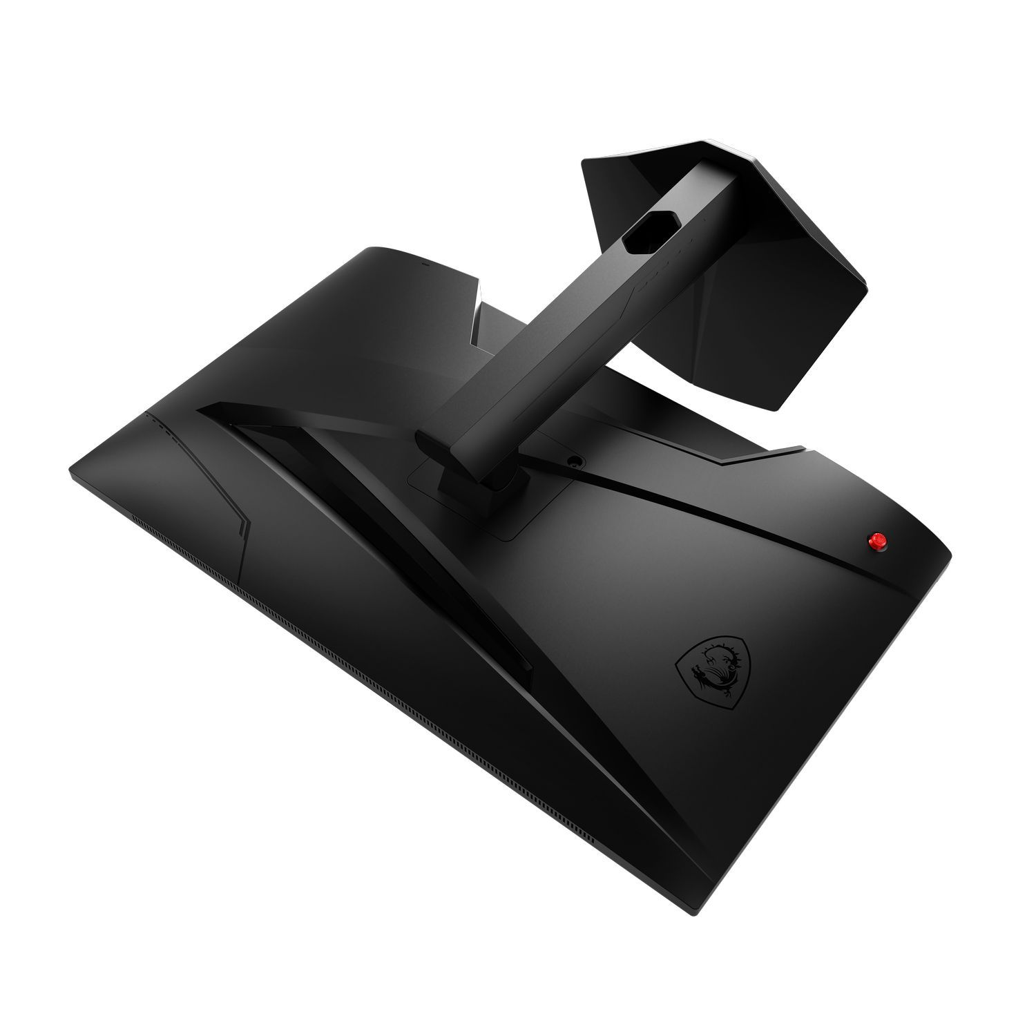 Zwarte monitor achterkant met standaard, MSI logo, rood licht, schuine weergave.